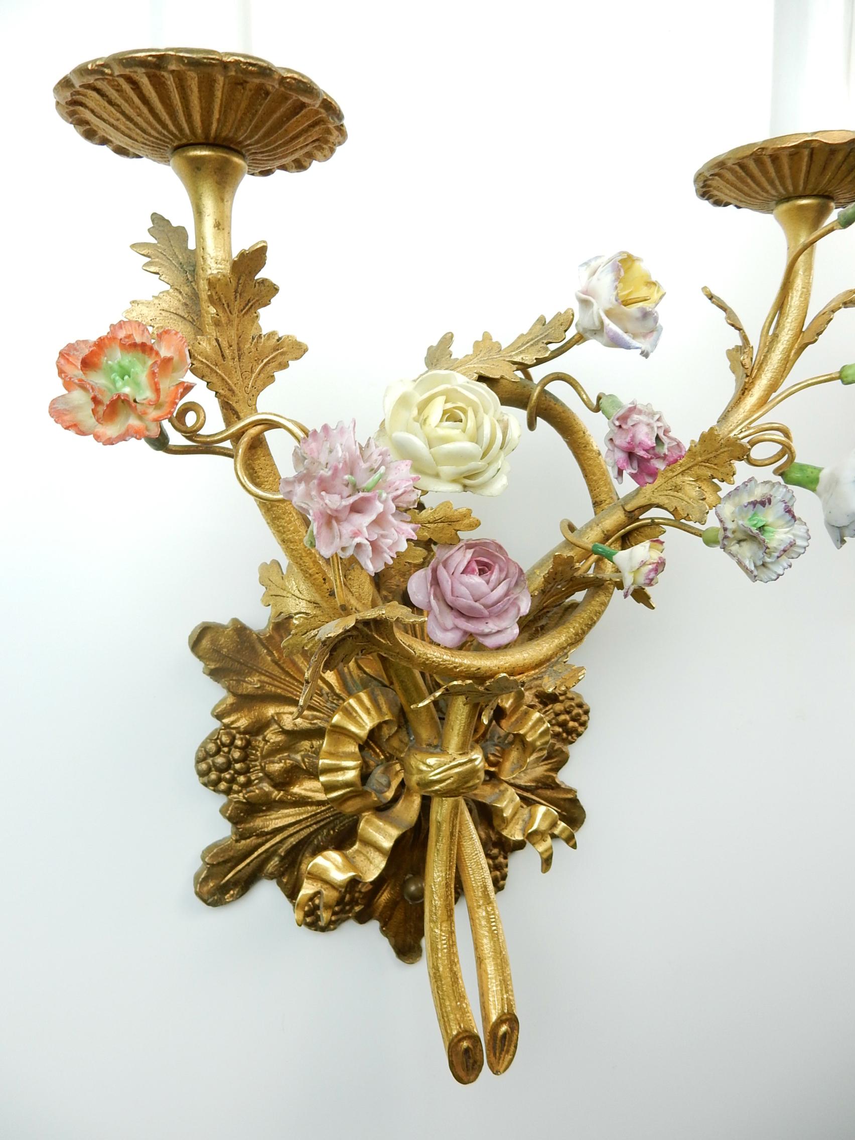 Baroque Revival Pair of Baroque Gold Gilded and Porcelain Flower Wall Lamps Sconces