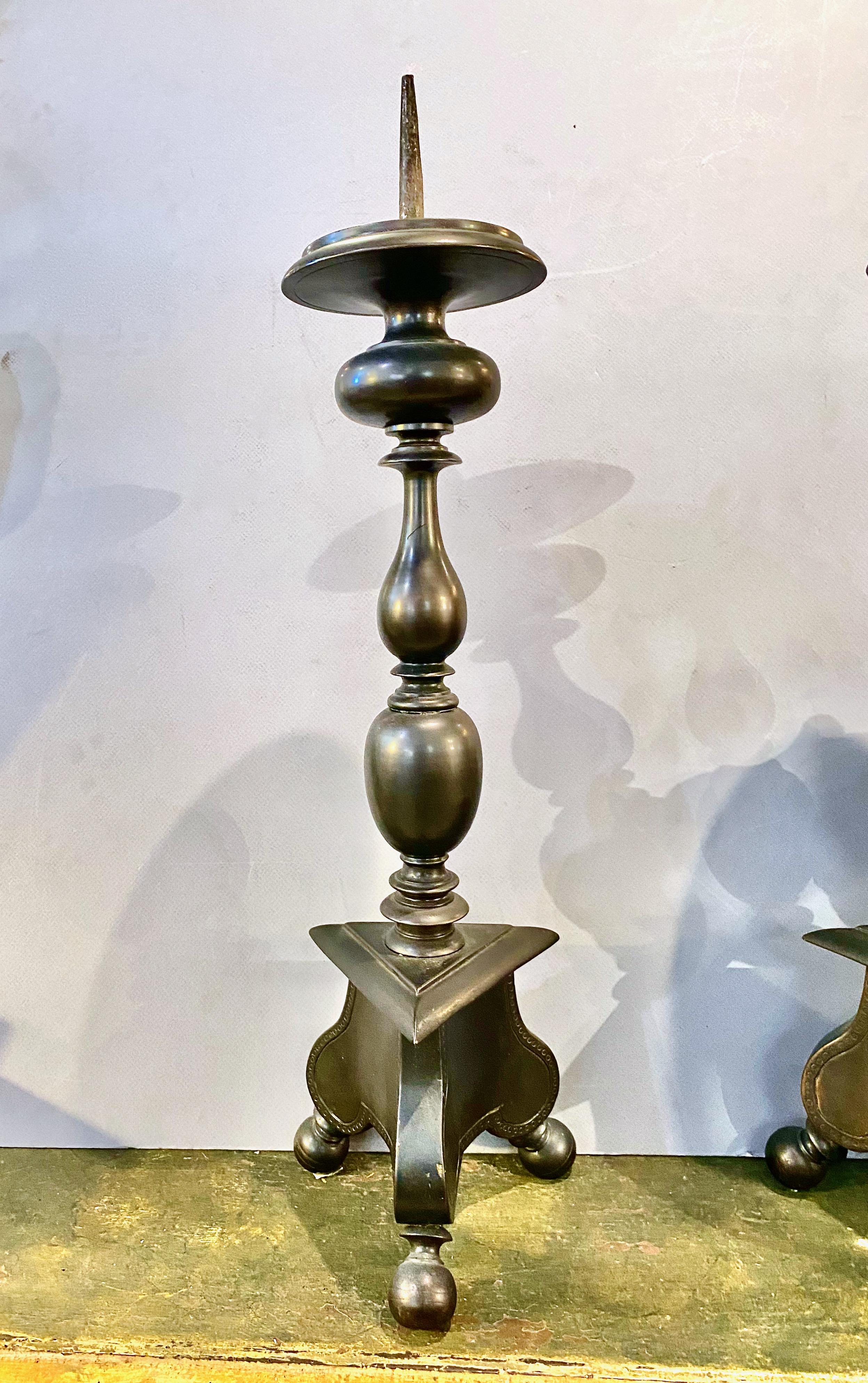 Baroque Pair Bronze 17th c. Candlesticks For Sale