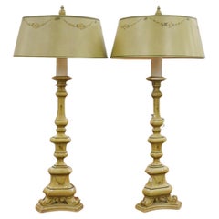 Pair Italian Baroque Style Hand-Painted Pricket Candlesticks Table Lamps