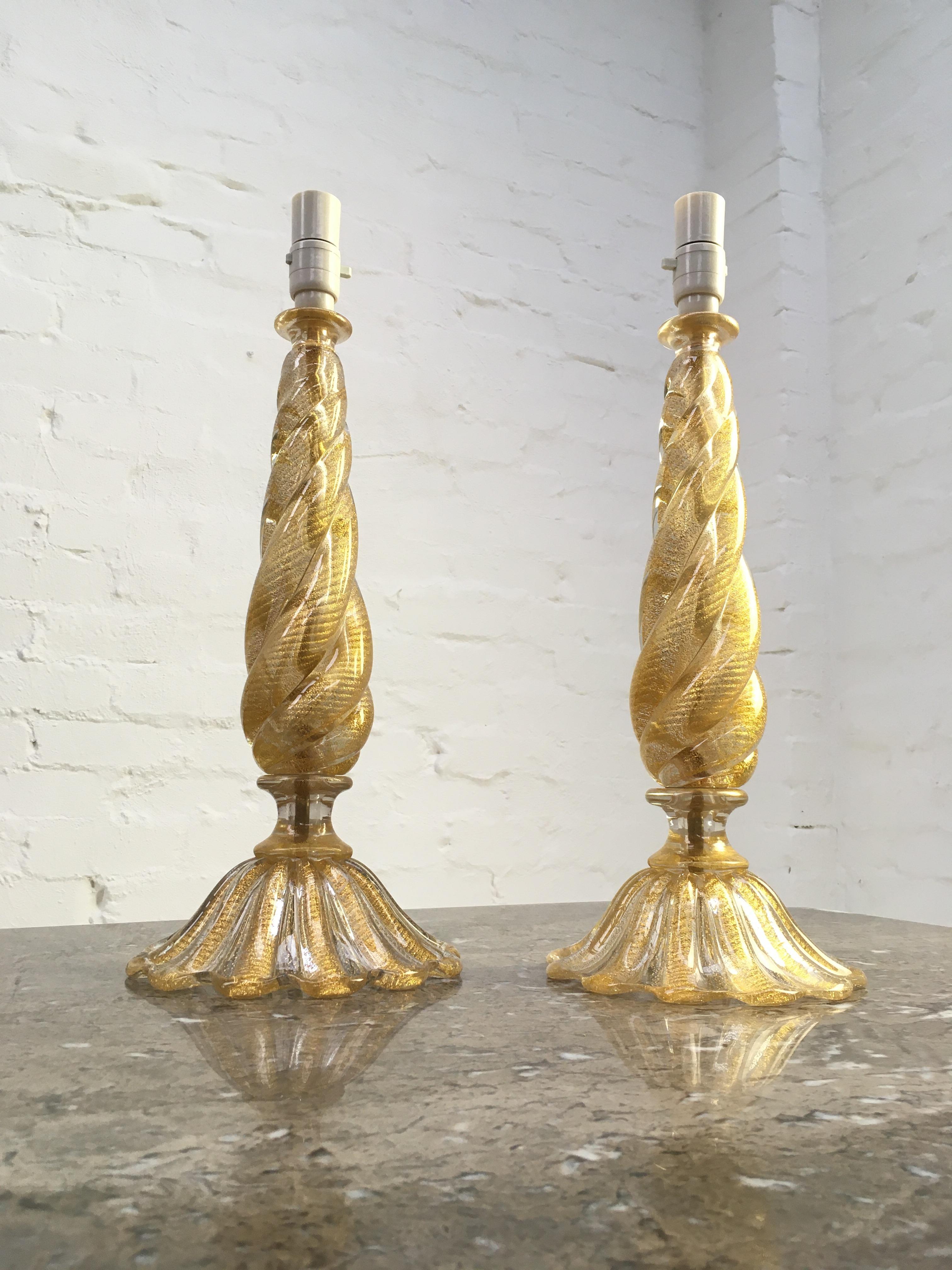 Mid-Century Modern Paire de lampes en verre de Murano Barovier et Toso « Cordonato D'oro », Italie, années 1950 en vente