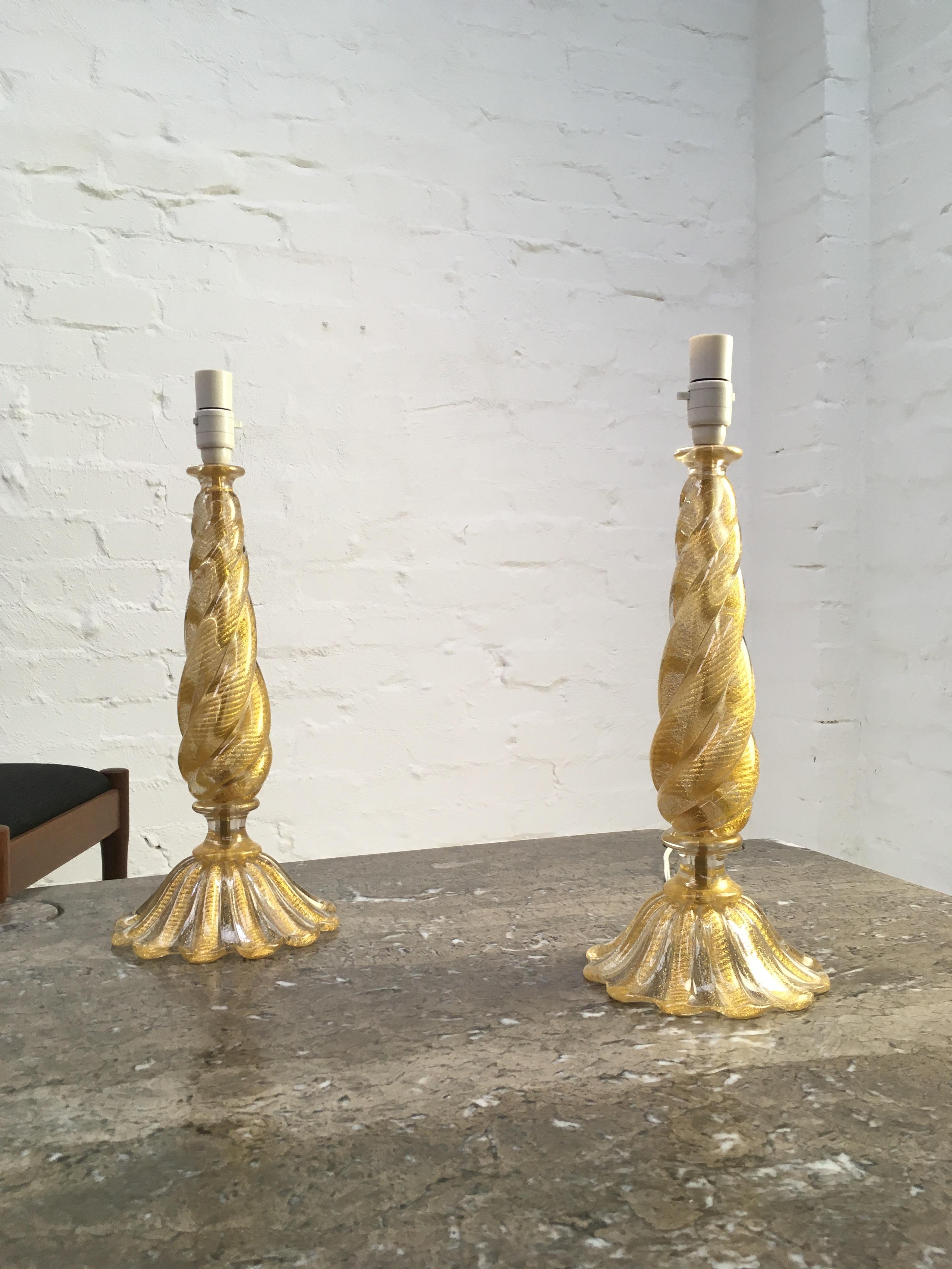 Pair of Barovier and Toso 'Cordonato D'oro' Murano Glass Lamps, Italy, 1950s In Good Condition For Sale In Melbourne, AU