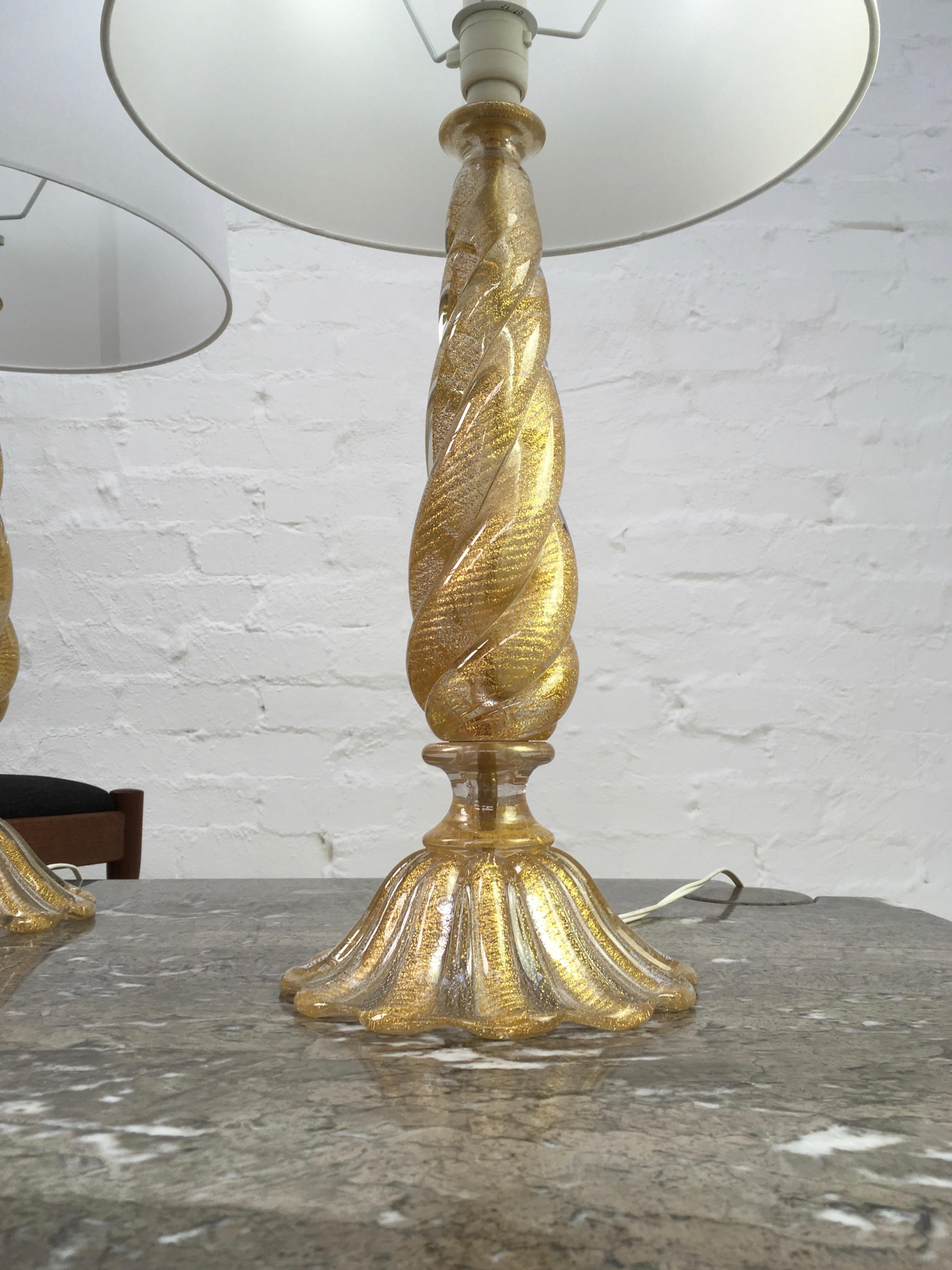 Pair of Barovier and Toso 'Cordonato D'oro' Murano Glass Lamps, Italy, 1950s For Sale 1