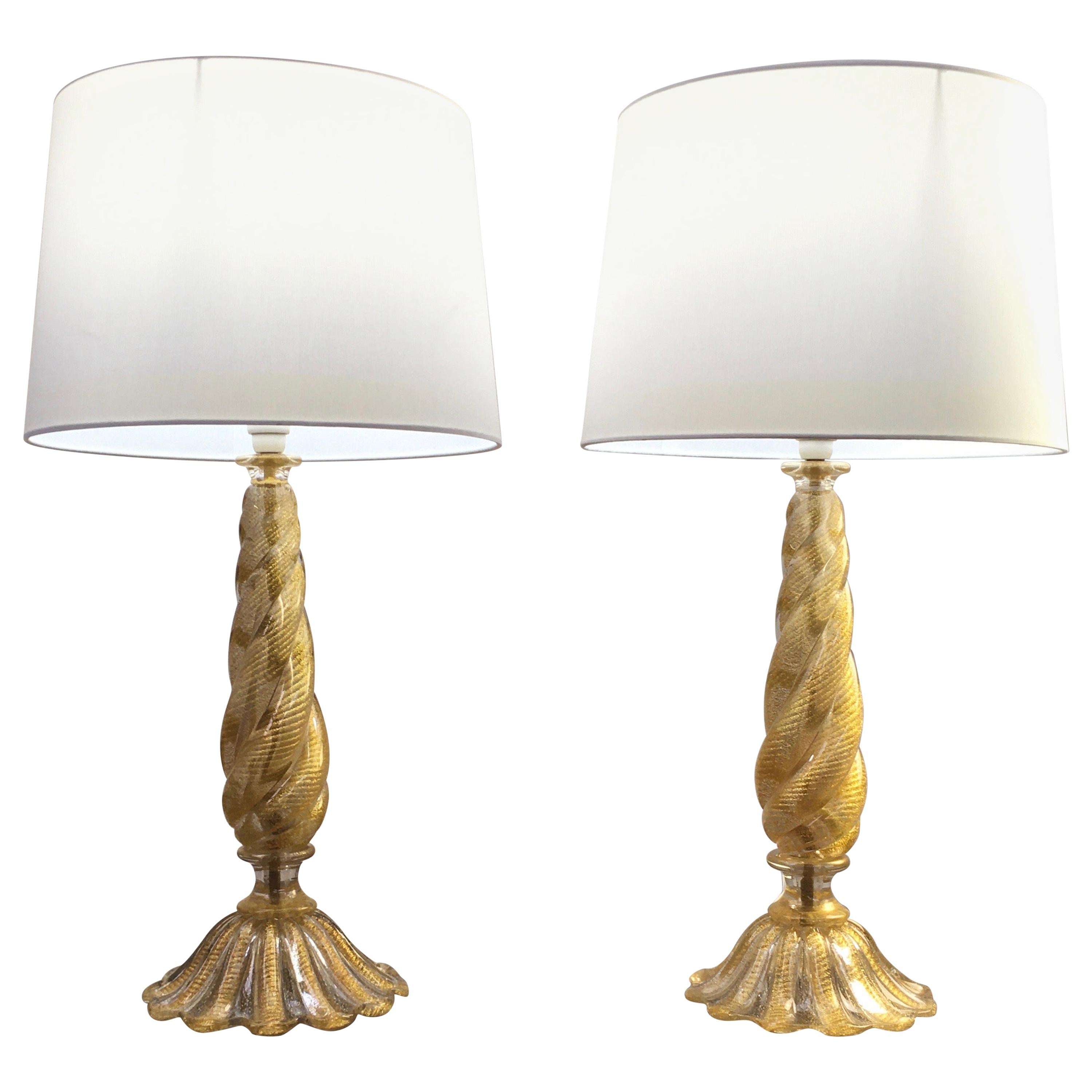 Pair of Barovier and Toso 'Cordonato D'oro' Murano Glass Lamps, Italy, 1950s