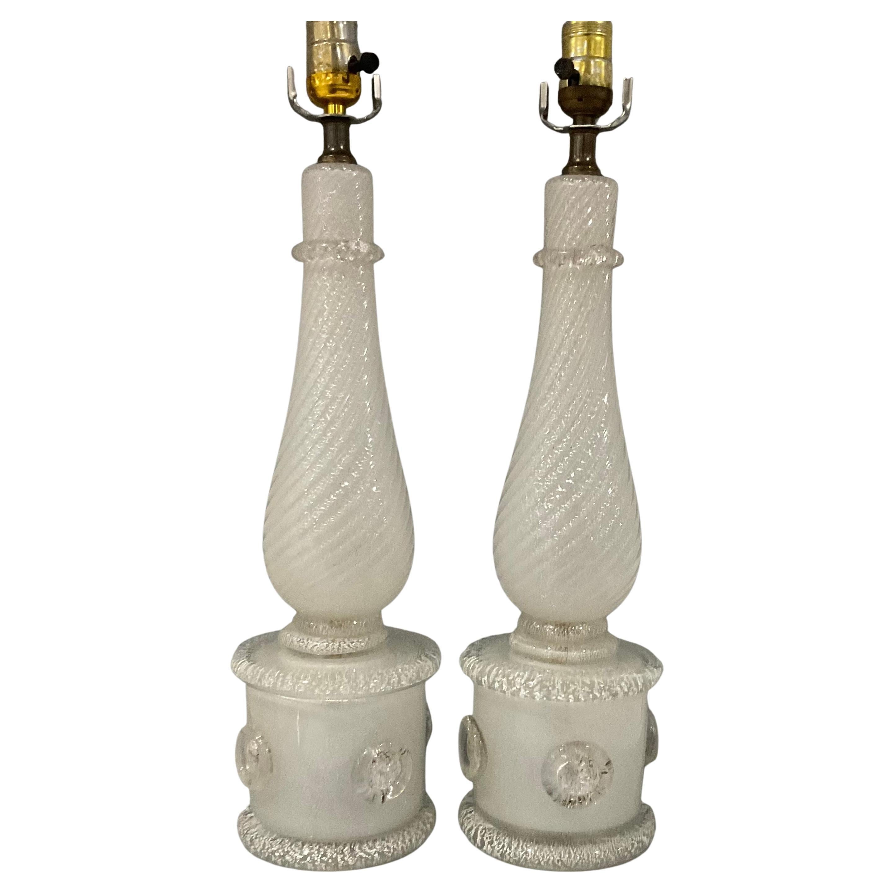Pair Barovier and Toso Murano Glass Lamps by Ercole Barovier White with Silver For Sale