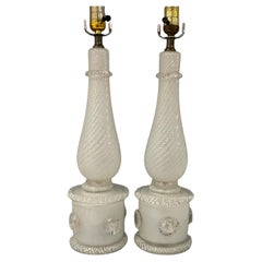 Pair Barovier and Toso Murano Glass Lamps by Ercole Barovier White with Silver