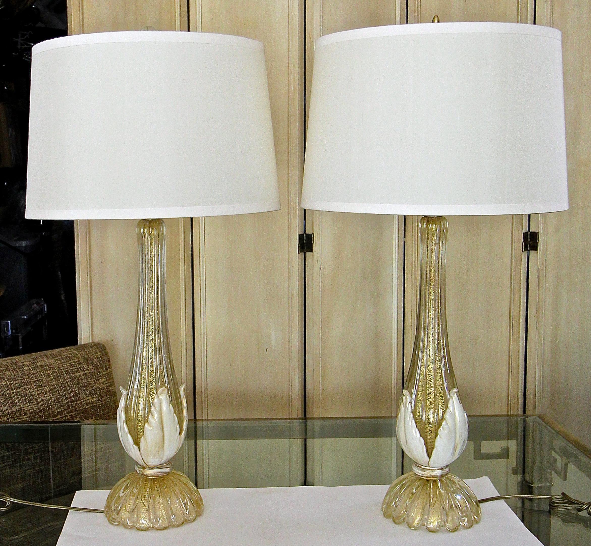 European Pair murano Gold White Table Lamps