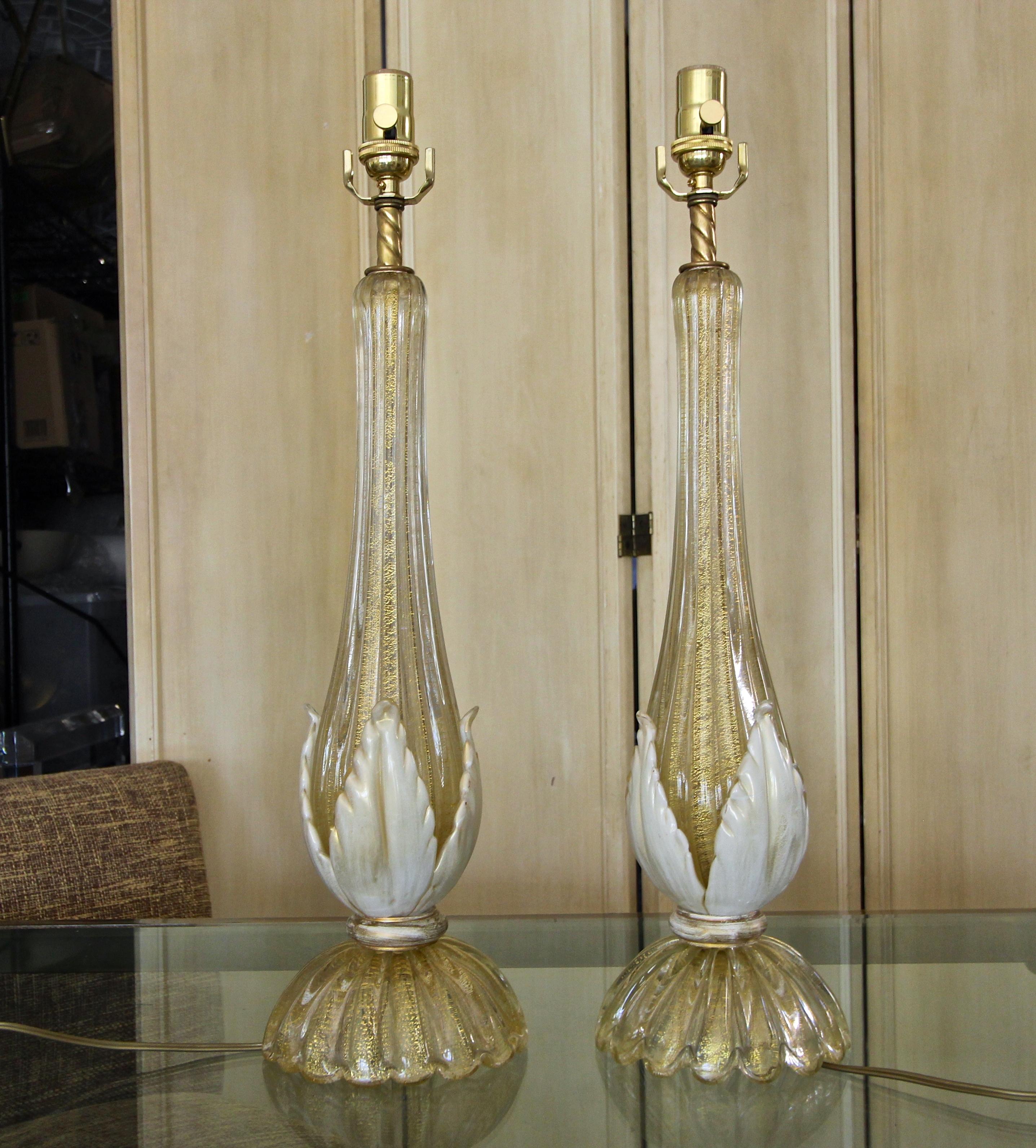 Pair murano Gold White Table Lamps In Good Condition In Palm Springs, CA