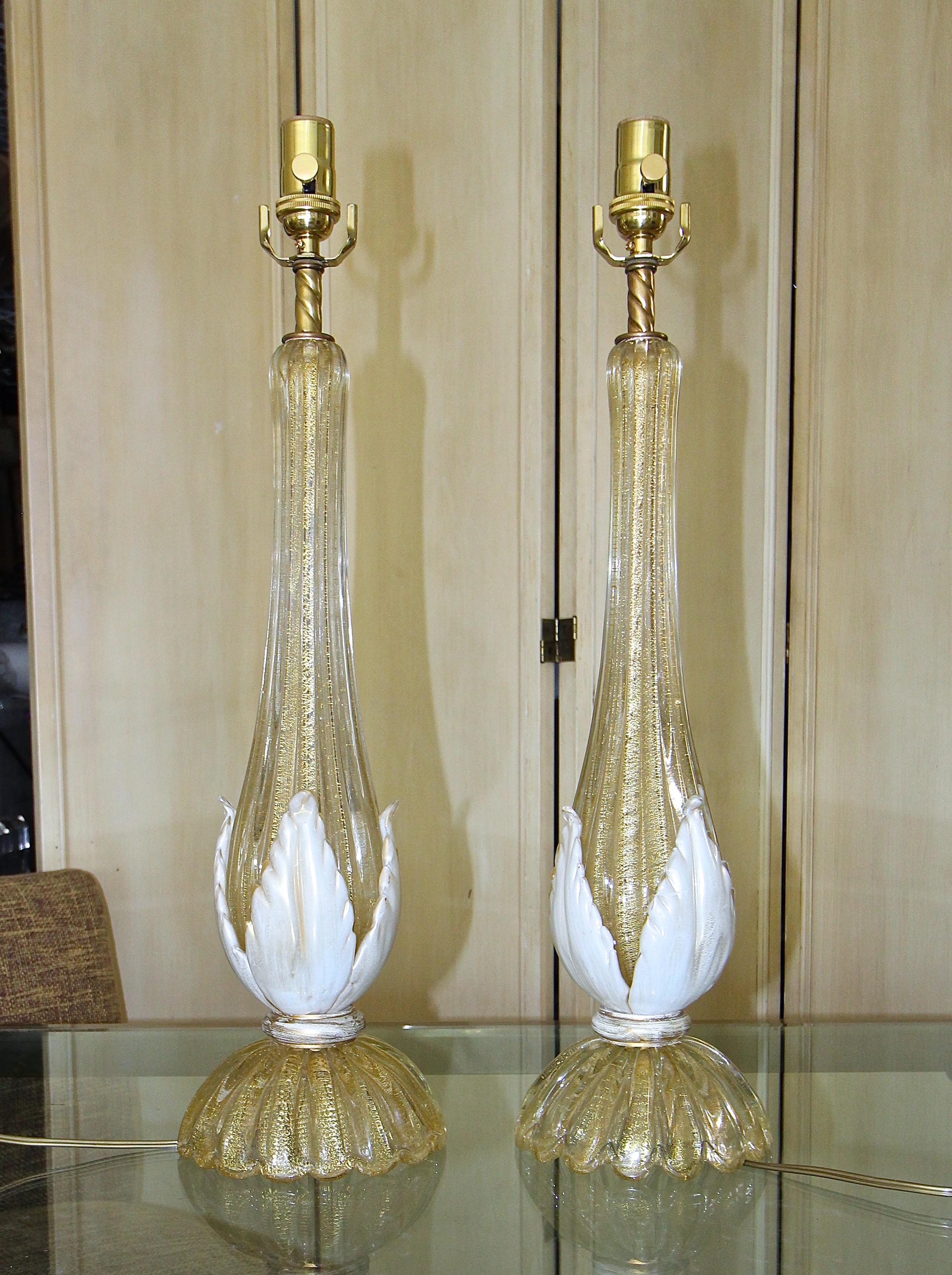 Glass Pair murano Gold White Table Lamps