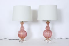 Pair Barovier e Toso Iridescent Rose Gold Murano Glass & Lucite Base Table Lamps