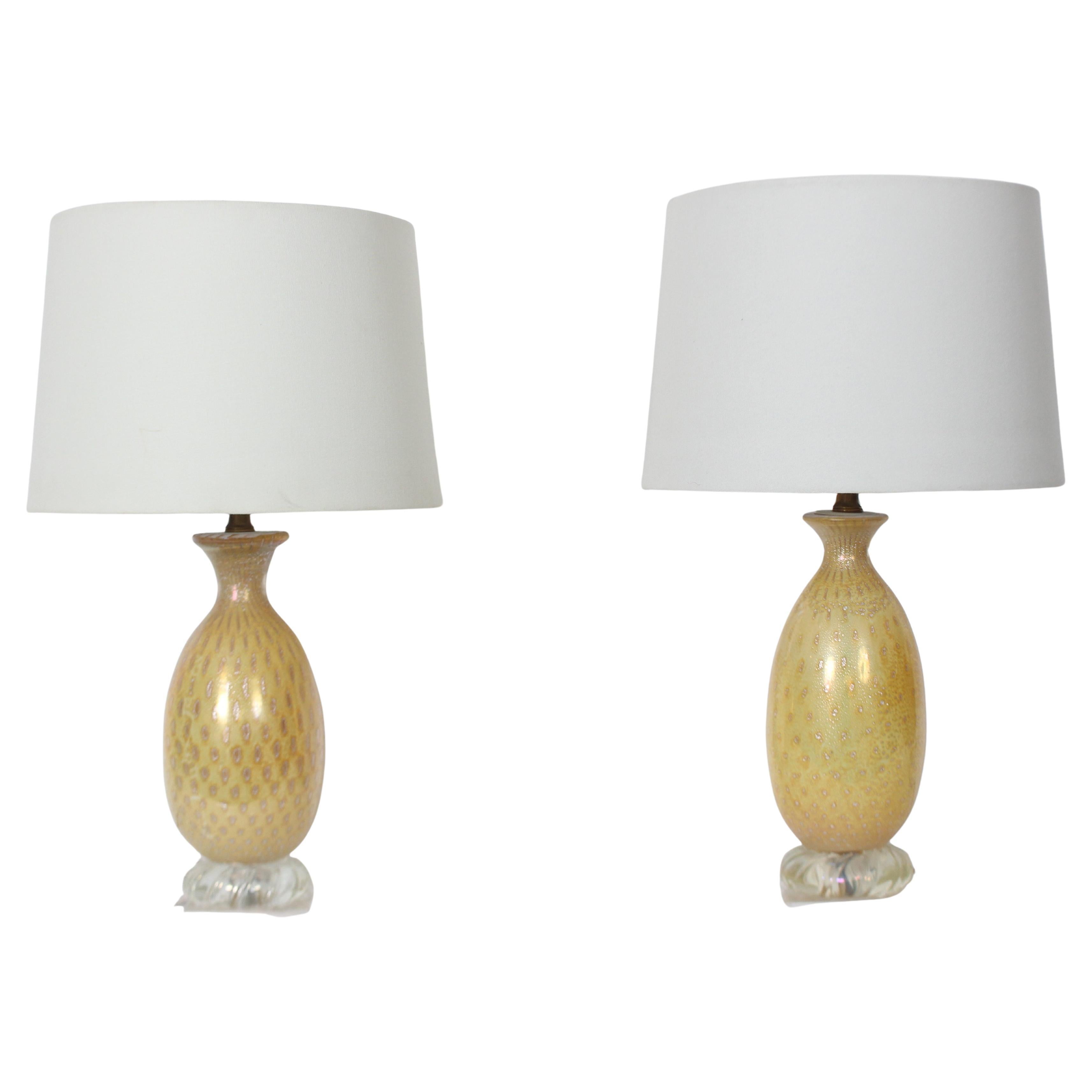 Pair Barovier et Toso Iridescent Yellow Murano Glass Table Lamps, 1950's For Sale