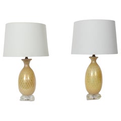 Pair Barovier et Toso Iridescent Yellow Murano Glass Table Lamps, 1950's