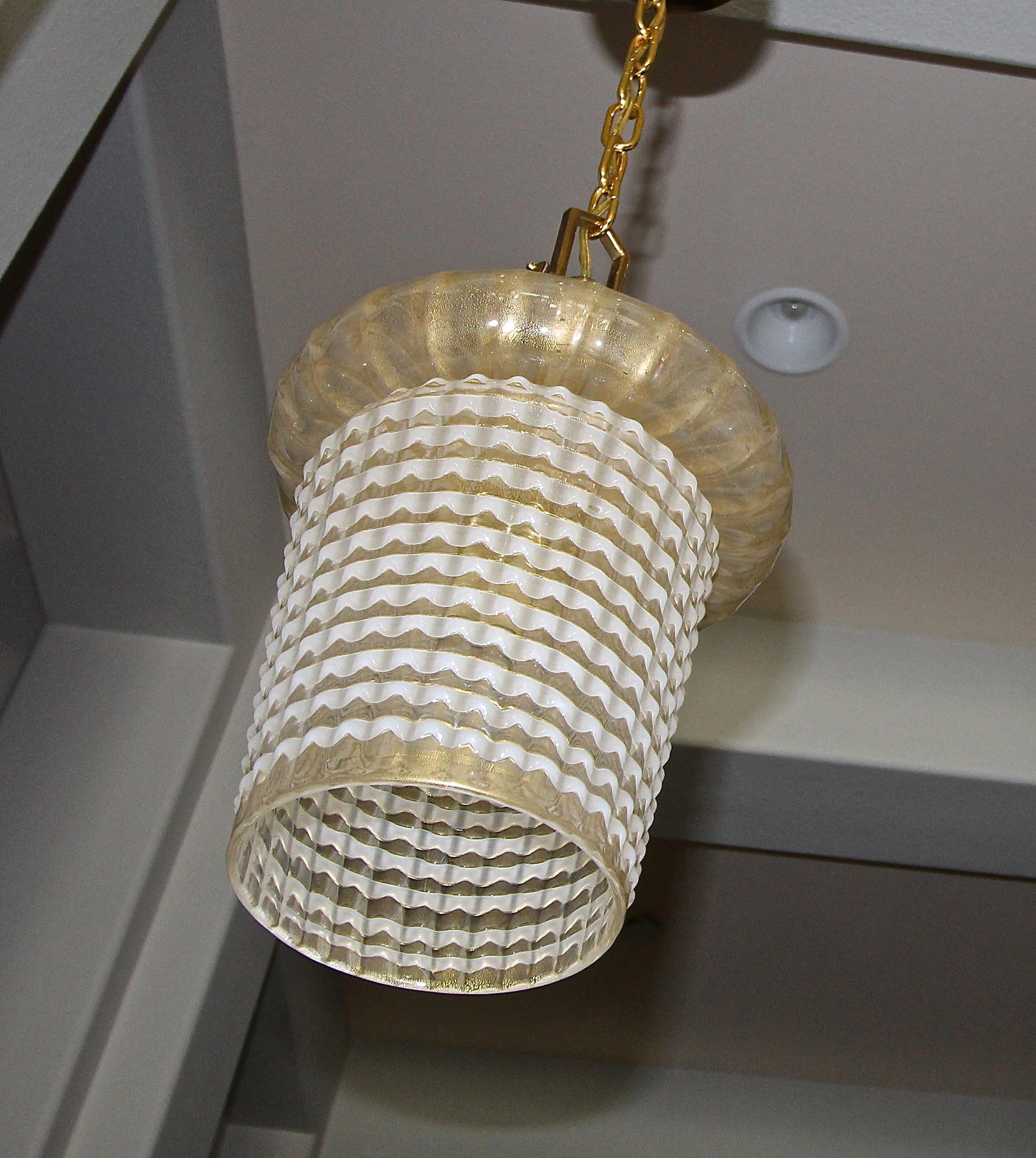 Mid-20th Century Pair of Barovier Murano Gold White Lantern Pendant Ceiling Lights