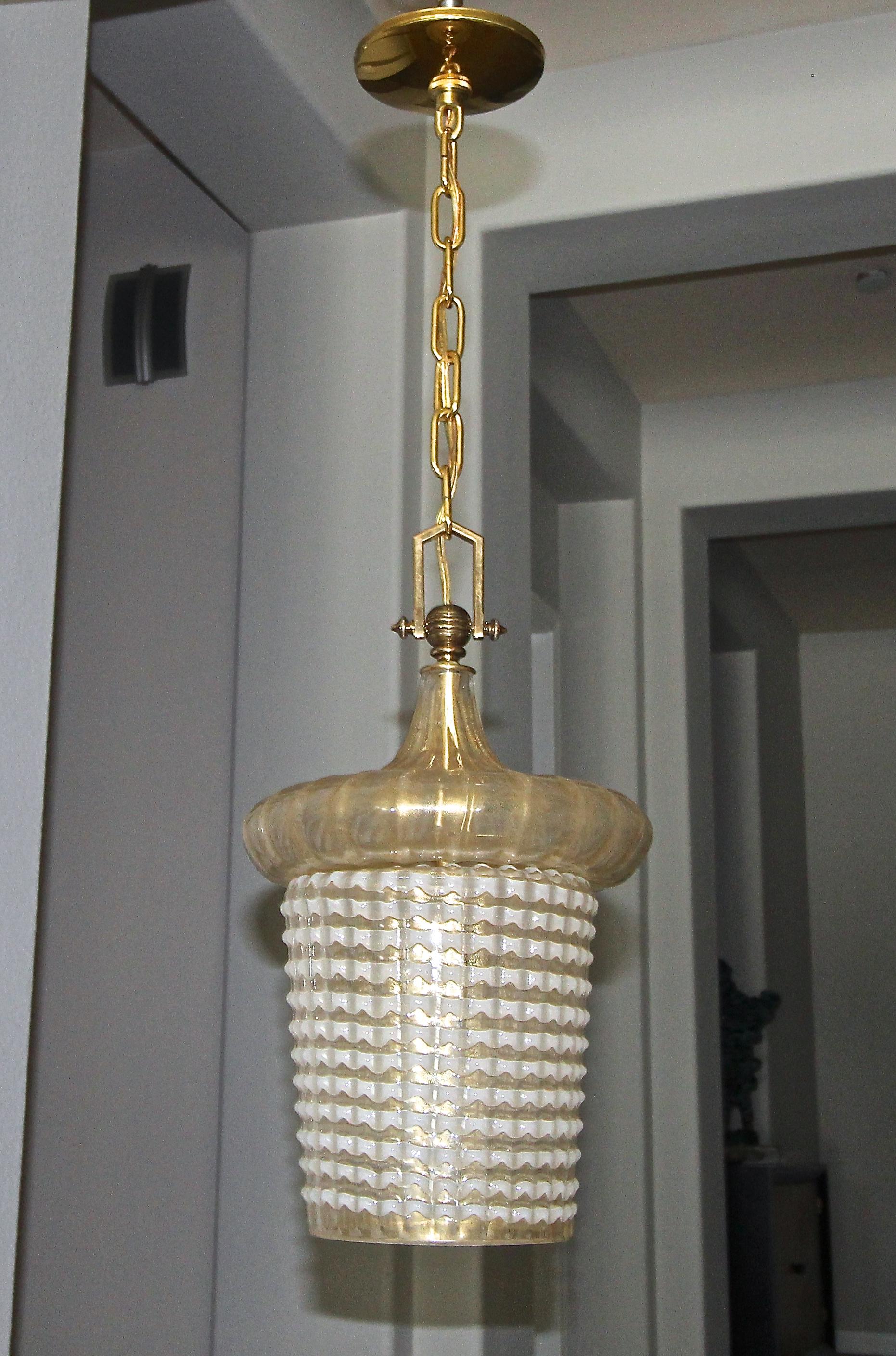Pair of Barovier Murano Gold White Lantern Pendant Ceiling Lights In Good Condition In Palm Springs, CA