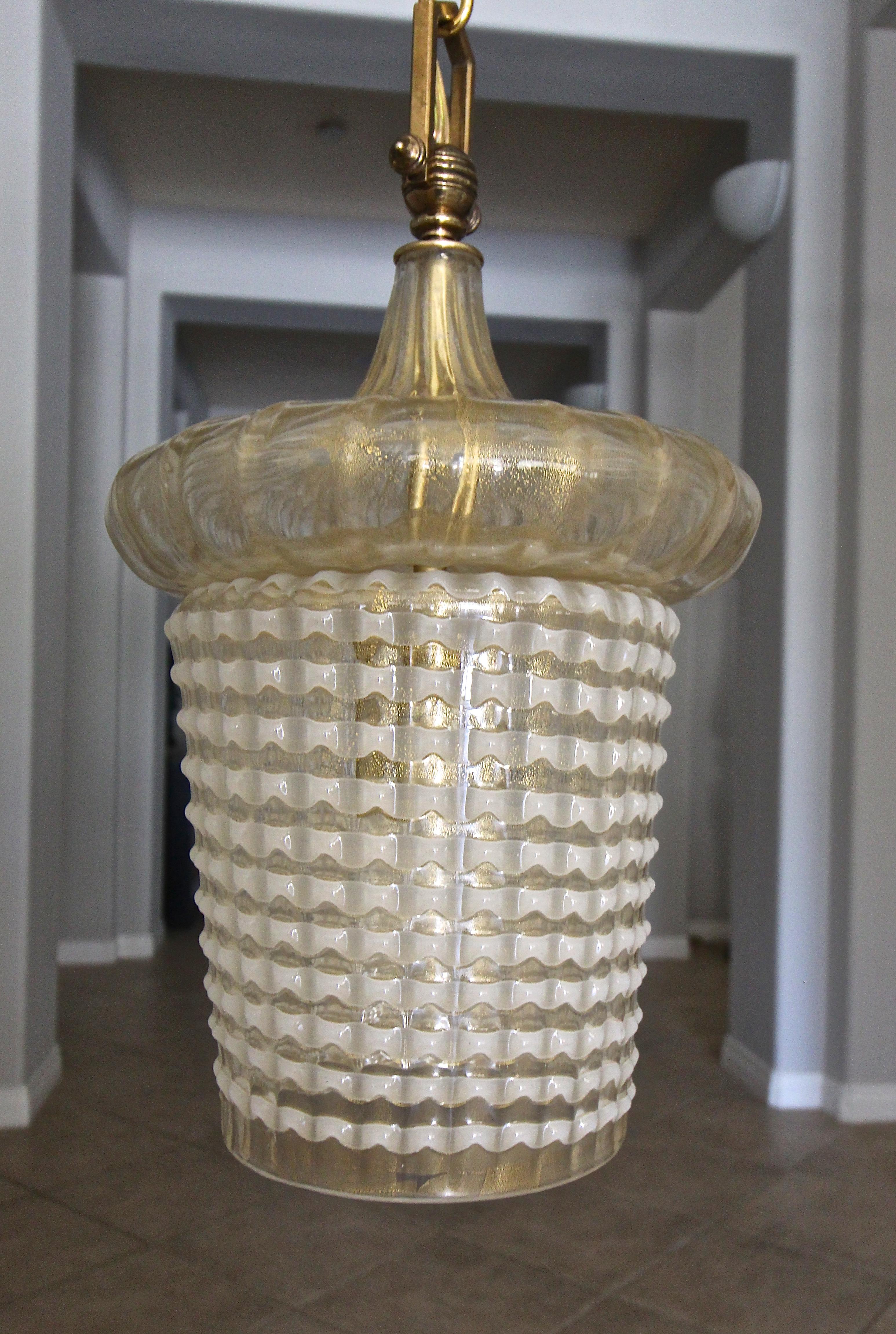 Italian Pair of Barovier Murano Gold White Lantern Pendant Ceiling Lights