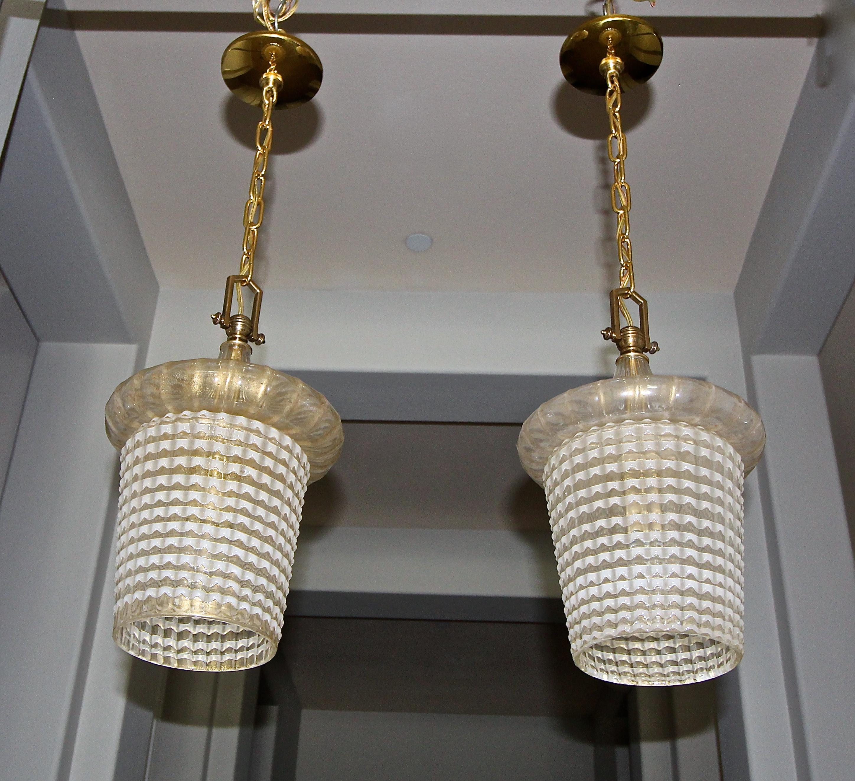Pair of Barovier Murano Gold White Lantern Pendant Ceiling Lights 10