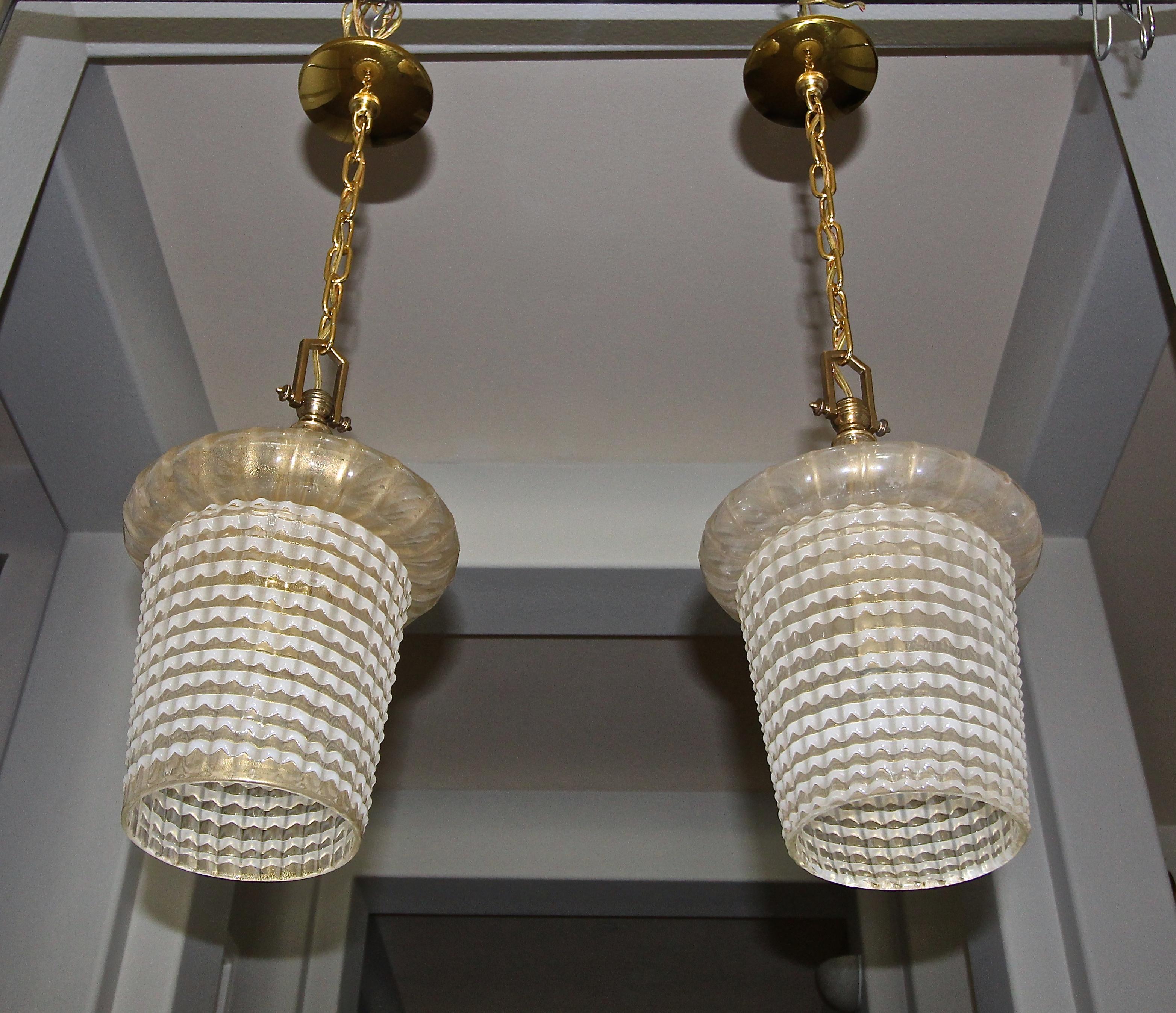 Brass Pair of Barovier Murano Gold White Lantern Pendant Ceiling Lights