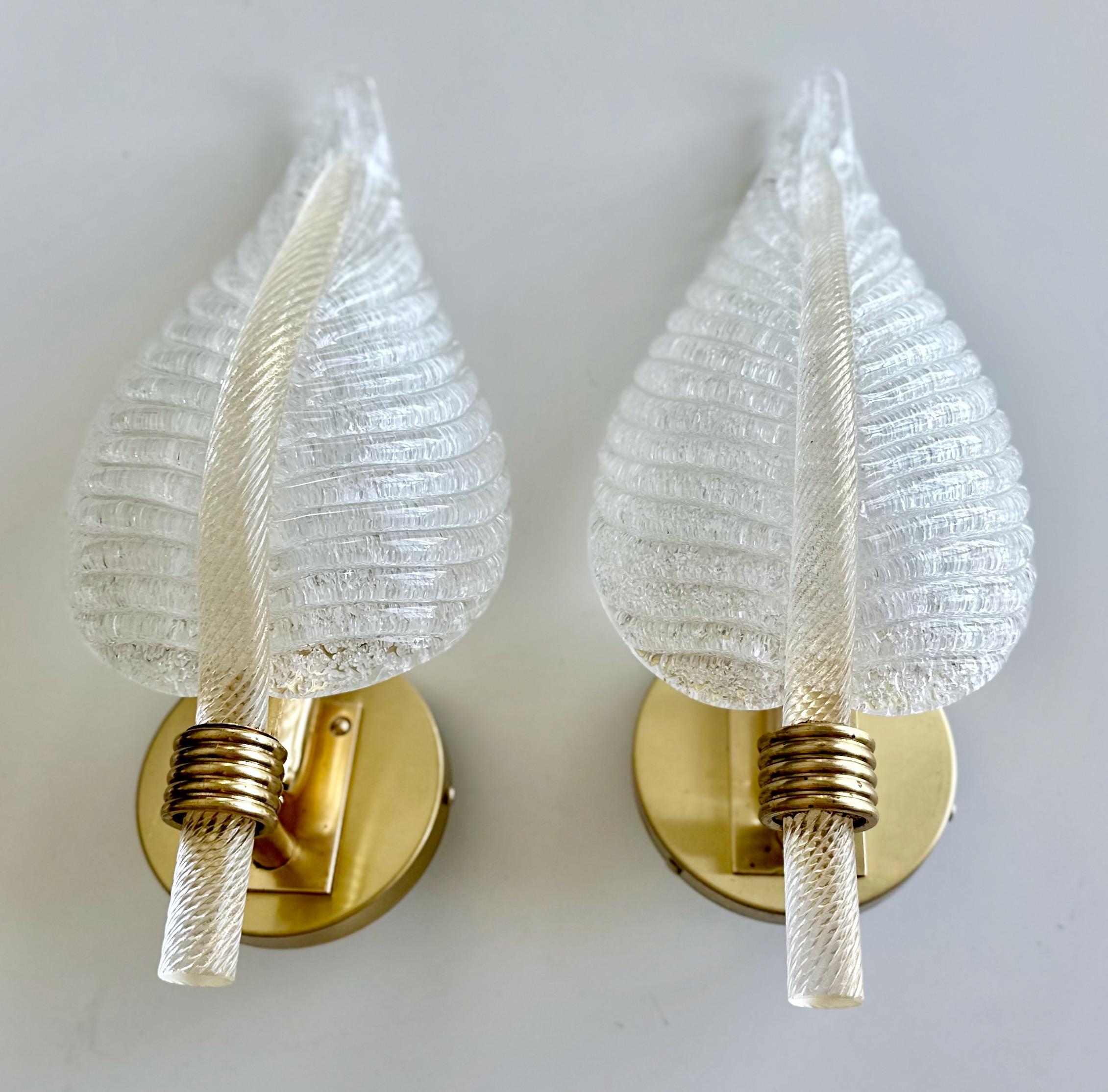 Italian Pair Barovier Murano Rugiadoso Leaf Wall Sconces For Sale