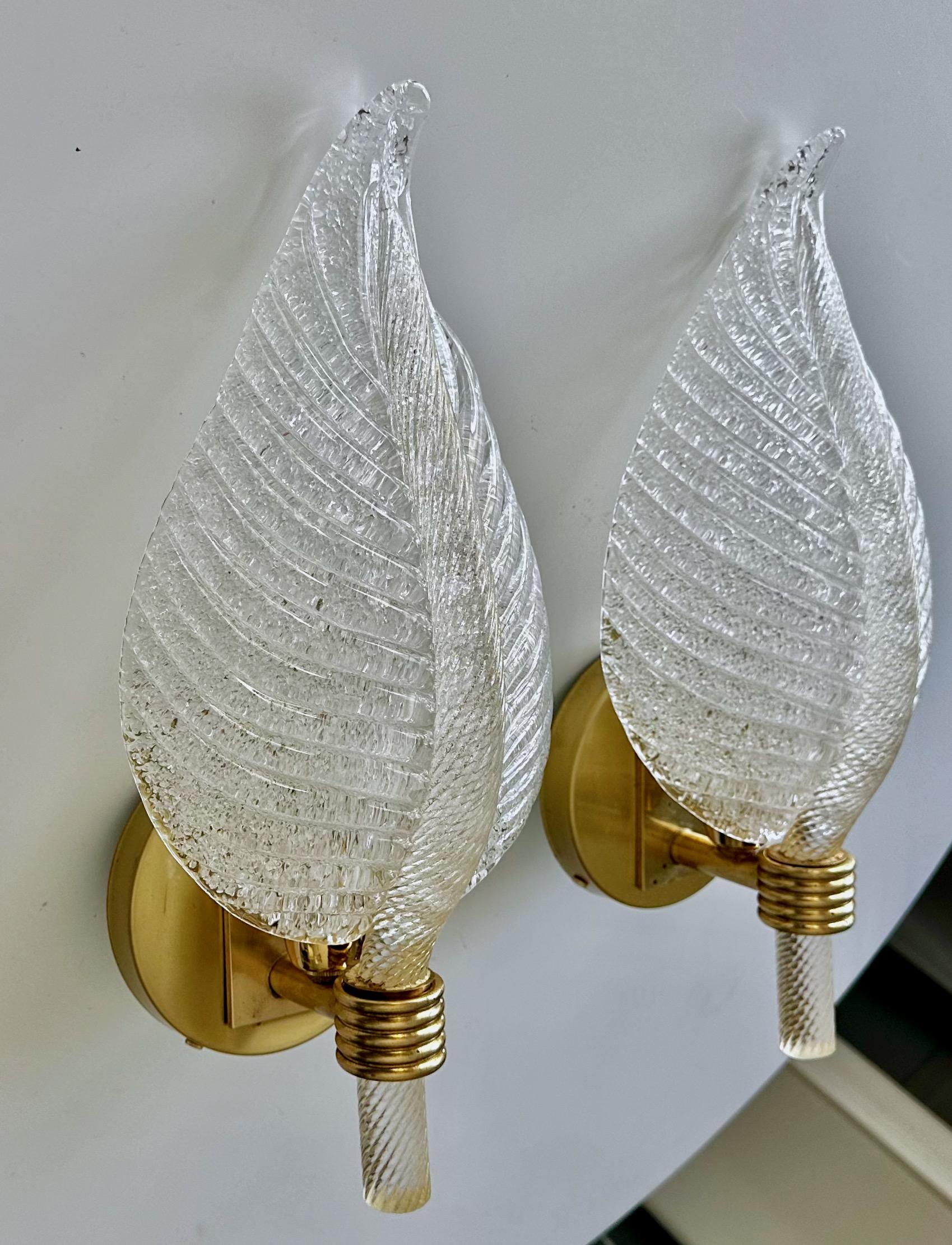 Ottone Coppia di lampade da parete Barovier Murano Rugiadoso Leaf in vendita