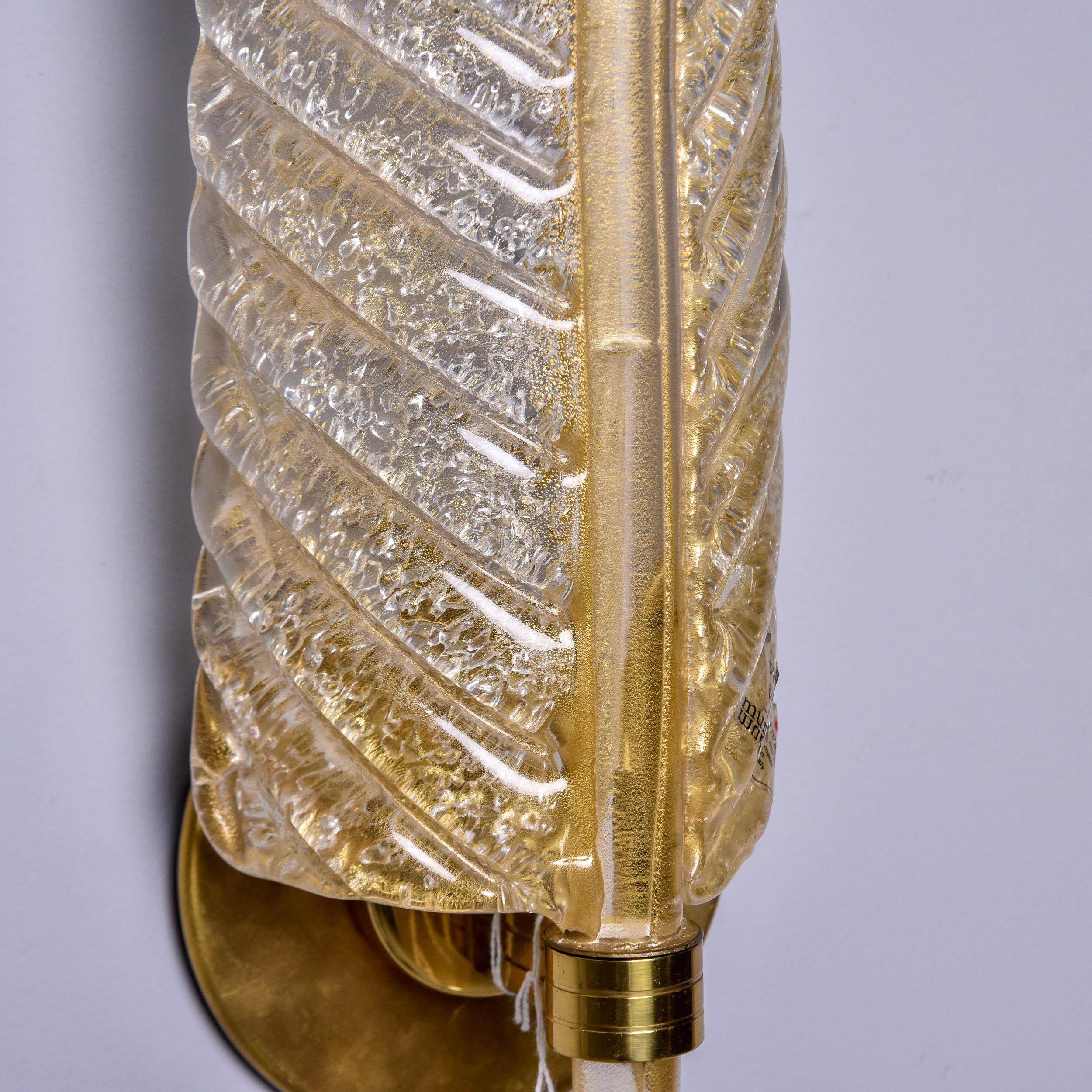 Brass Pair Barovier & Toso Feather or Leaf Form Murano Sconces with Gold Inclusions For Sale