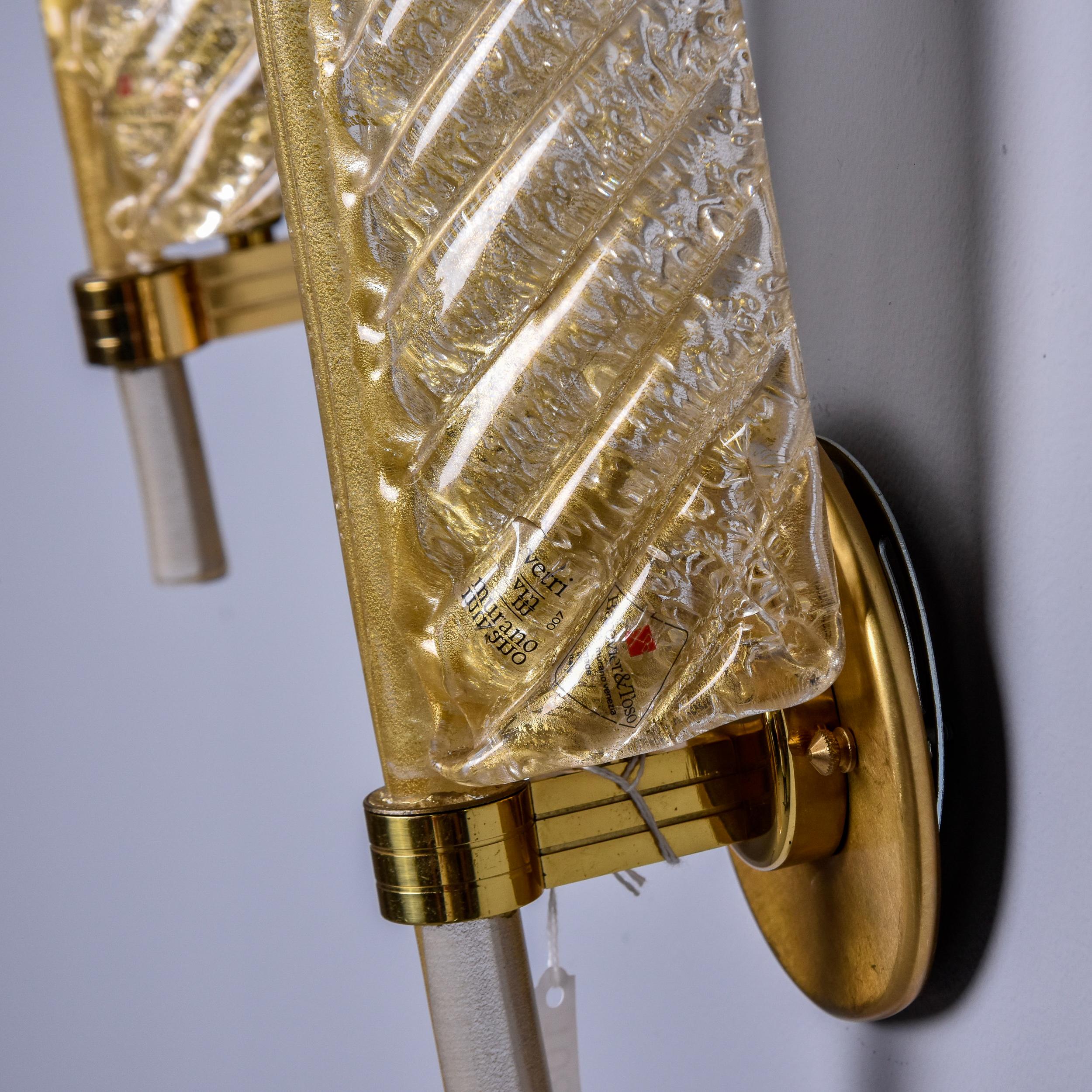 Pair Barovier & Toso Feather or Leaf Form Murano Sconces with Gold Inclusions For Sale 1