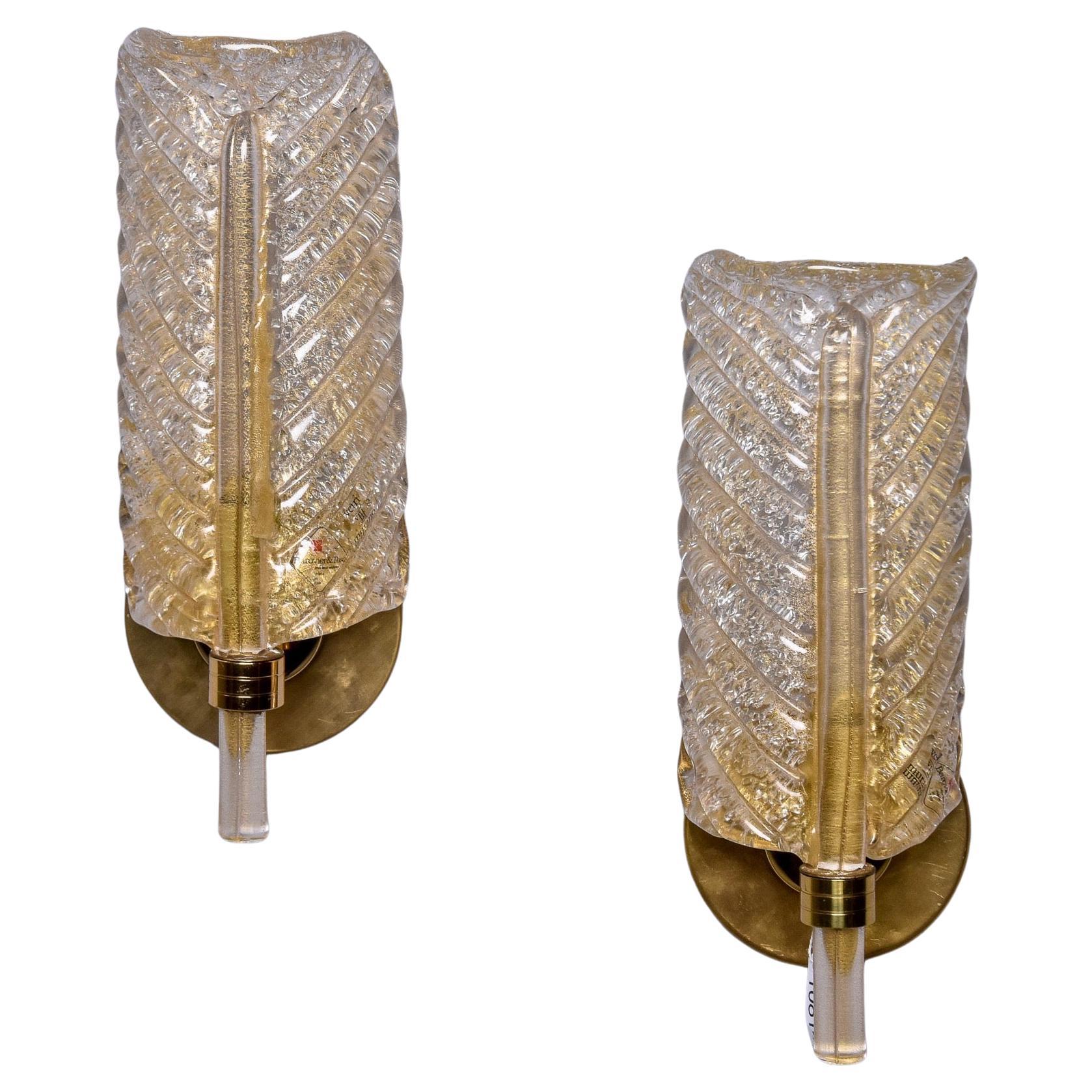 Pair Barovier & Toso Feather or Leaf Form Murano Sconces with Gold Inclusions