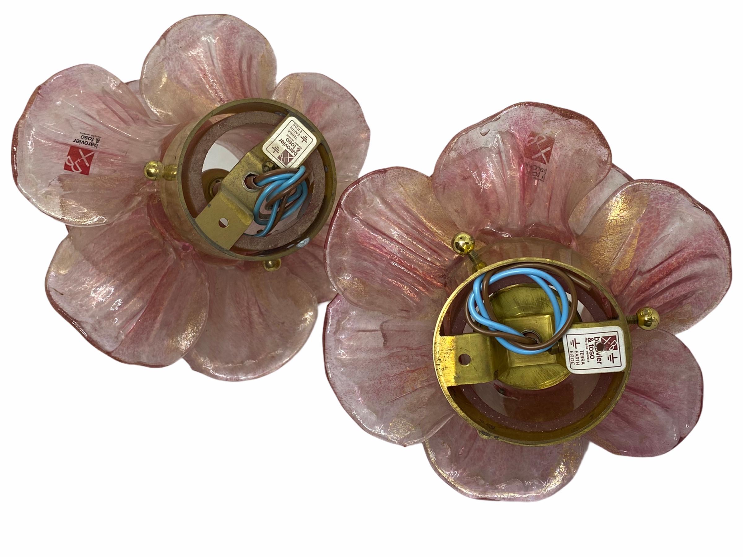 Pair of Barovier Toso Flush Mount Murano Glass Gold and Old Rose Flowers, 1950s 4