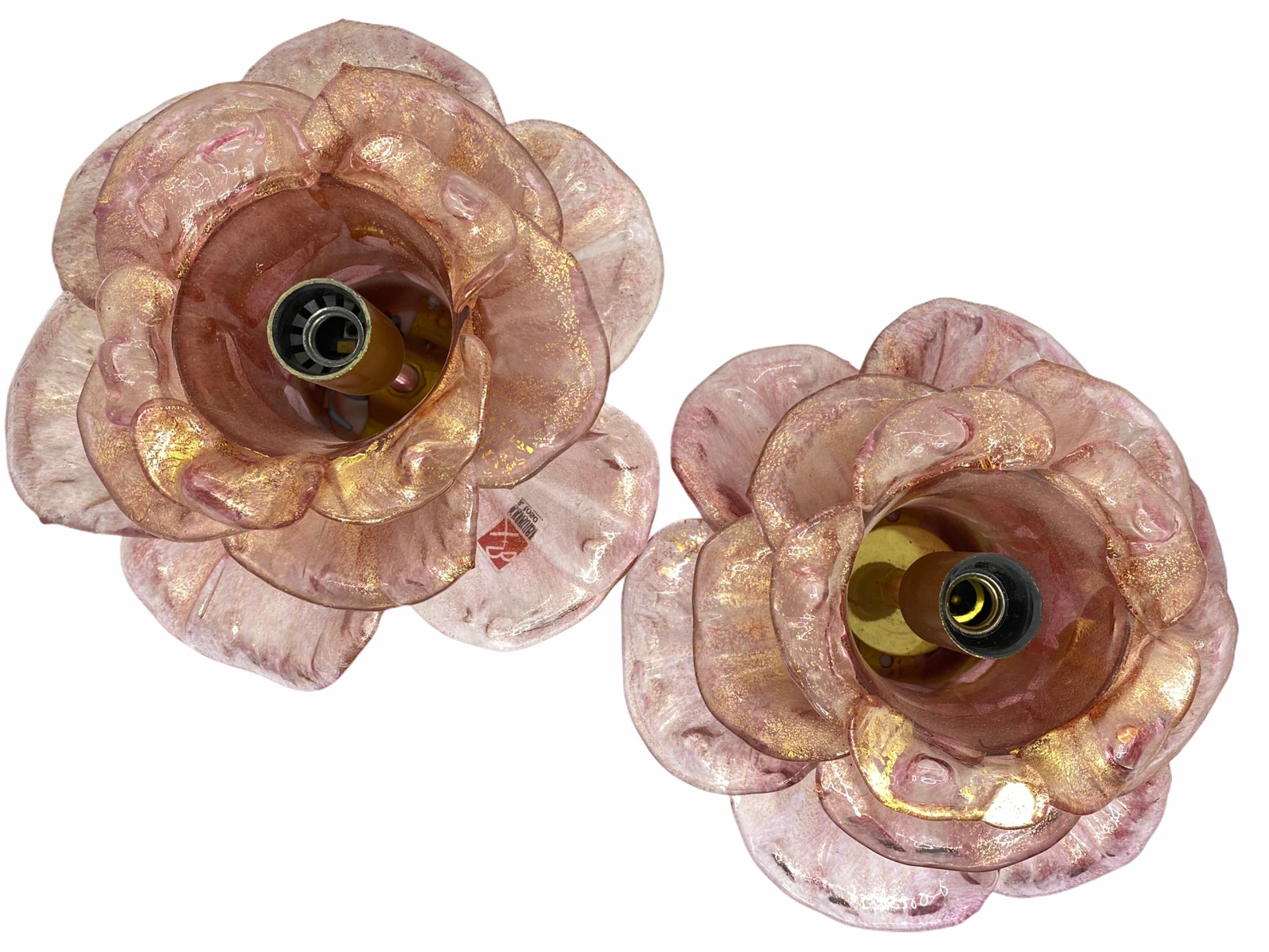 Italian Pair of Barovier Toso Flush Mount Murano Glass Gold and Old Rose Flowers, 1950s