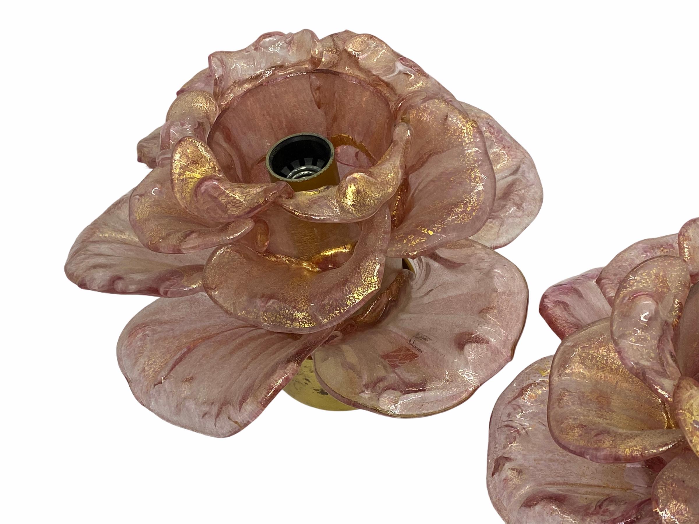 Brass Pair of Barovier Toso Flush Mount Murano Glass Gold and Old Rose Flowers, 1950s