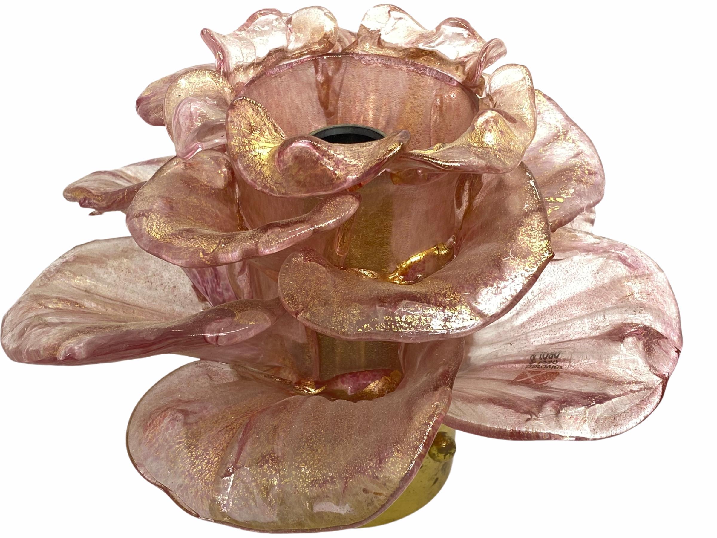 Pair of Barovier Toso Flush Mount Murano Glass Gold and Old Rose Flowers, 1950s 2