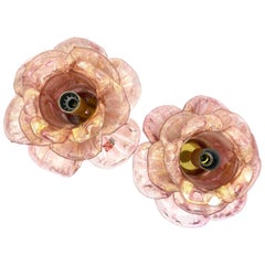 Pair of Barovier Toso Flush Mount Murano Glass Gold and Old Rose Flowers, 1950s