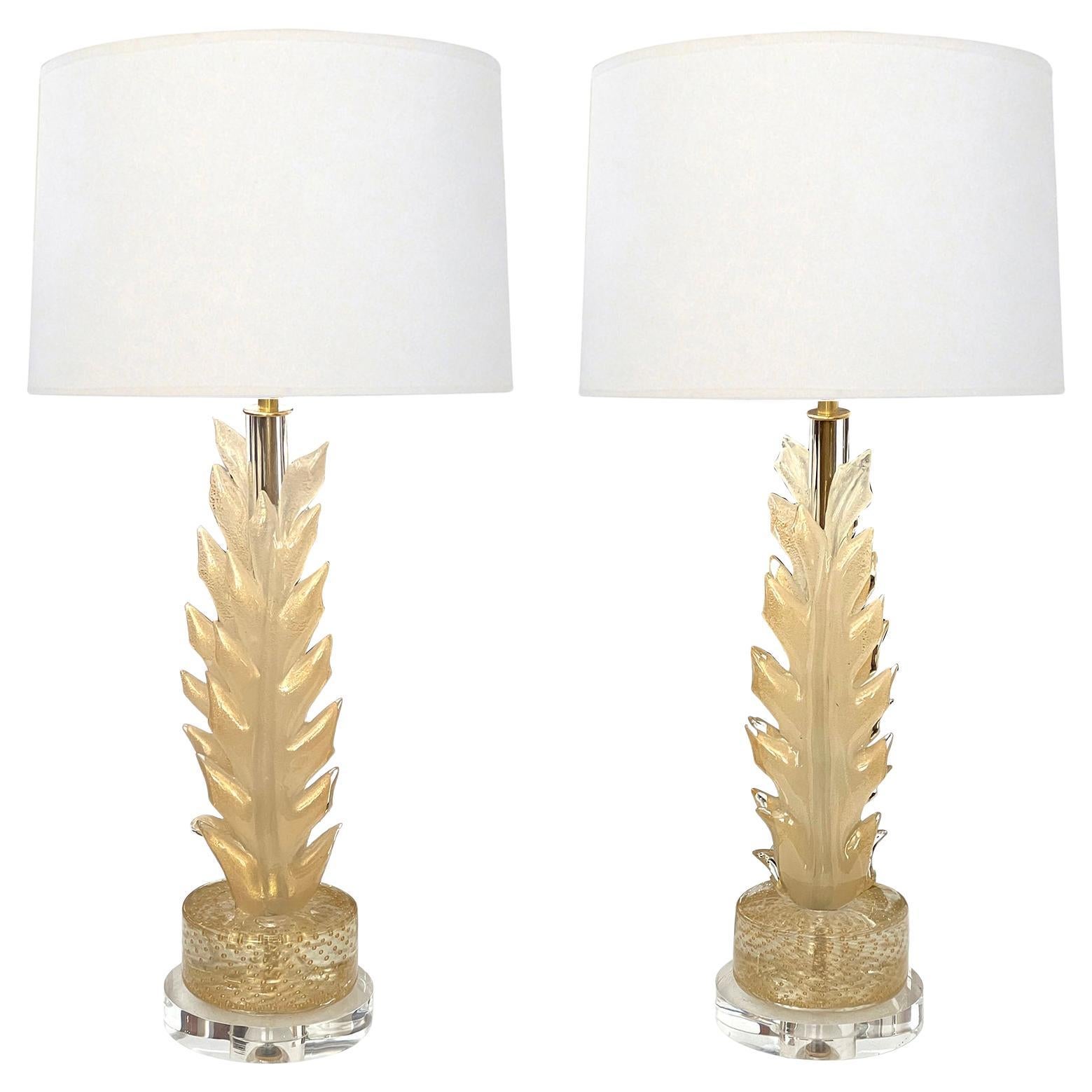 Pair Barovier & Toso Murano 1950s Gold Aventurine Leaf-form Lamps
