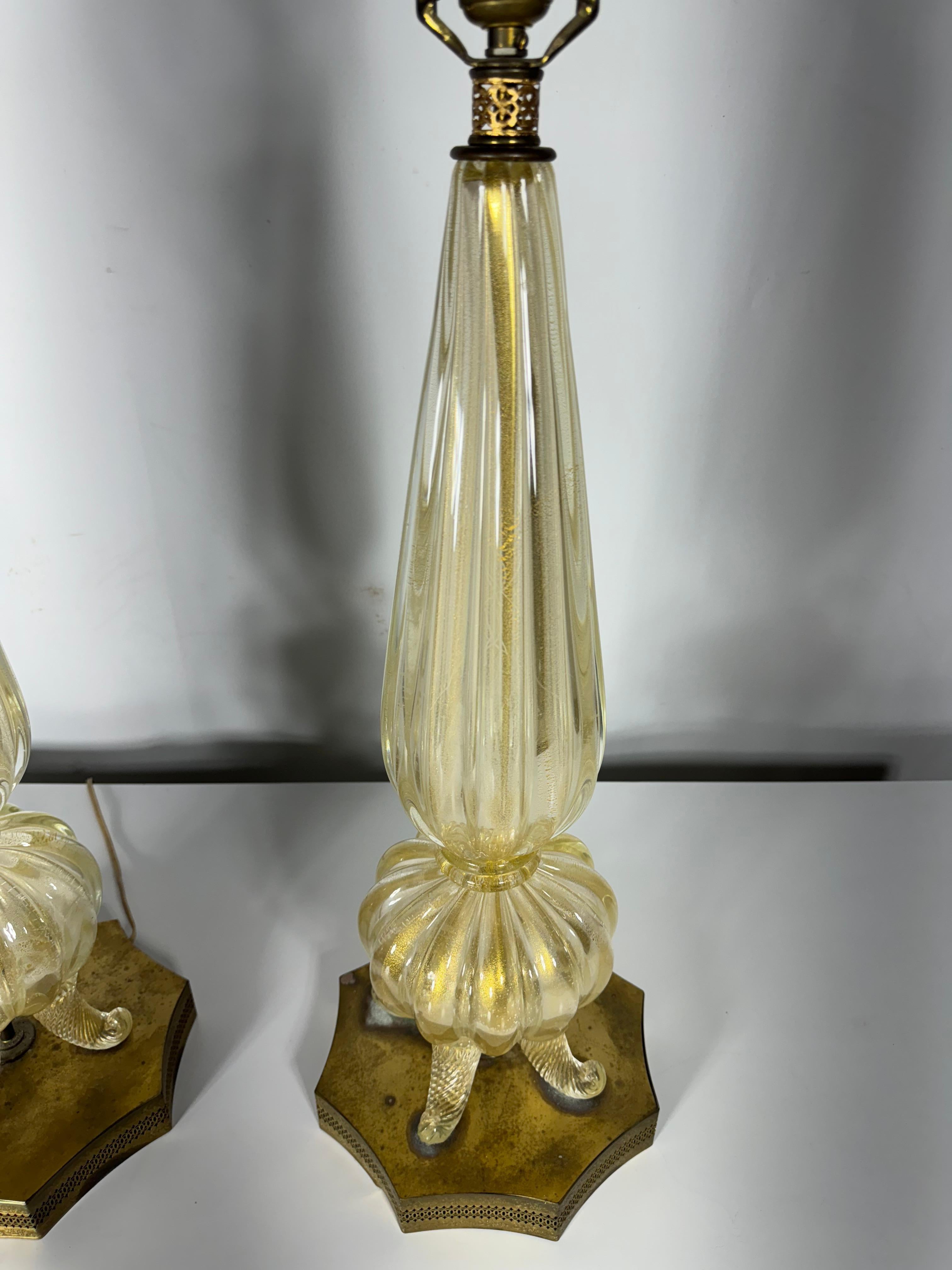 Paire de lampes de bureau italiennes Barovier & Toso Murano à pieds en or en vente 1