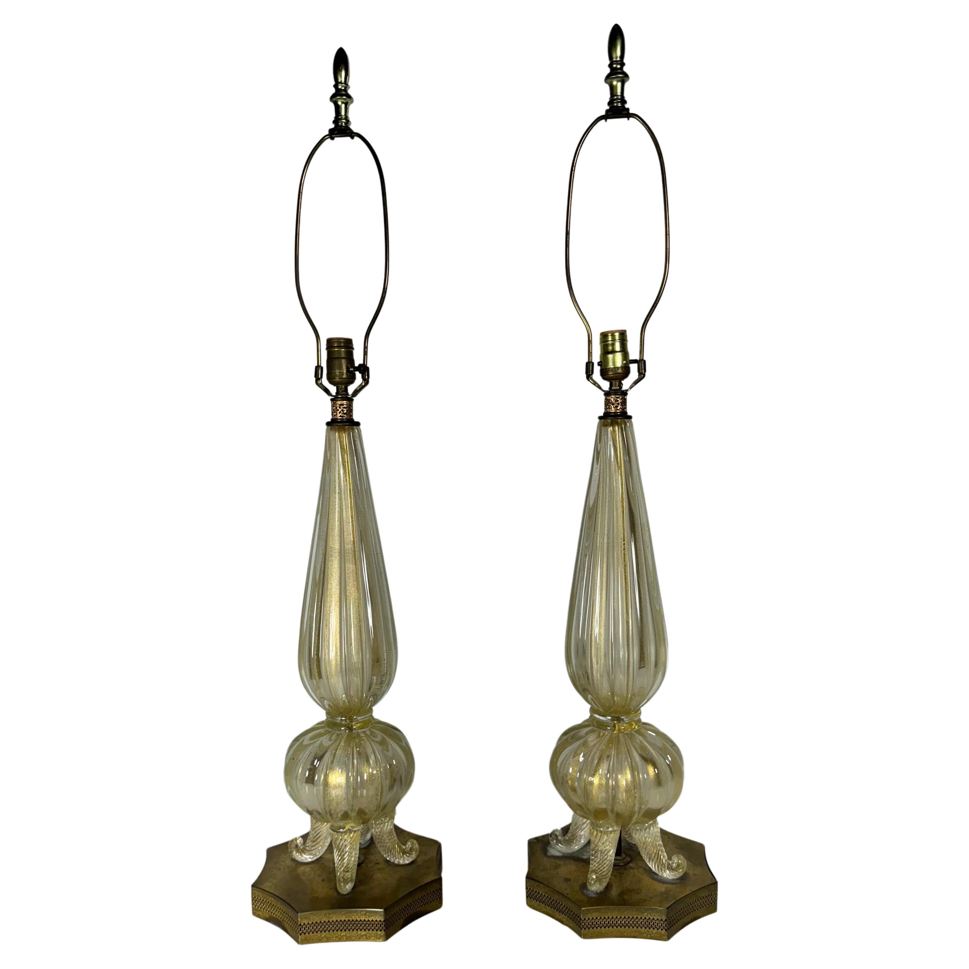 Pair Barovier & Toso Murano Italian Gold Footed Table Lamps