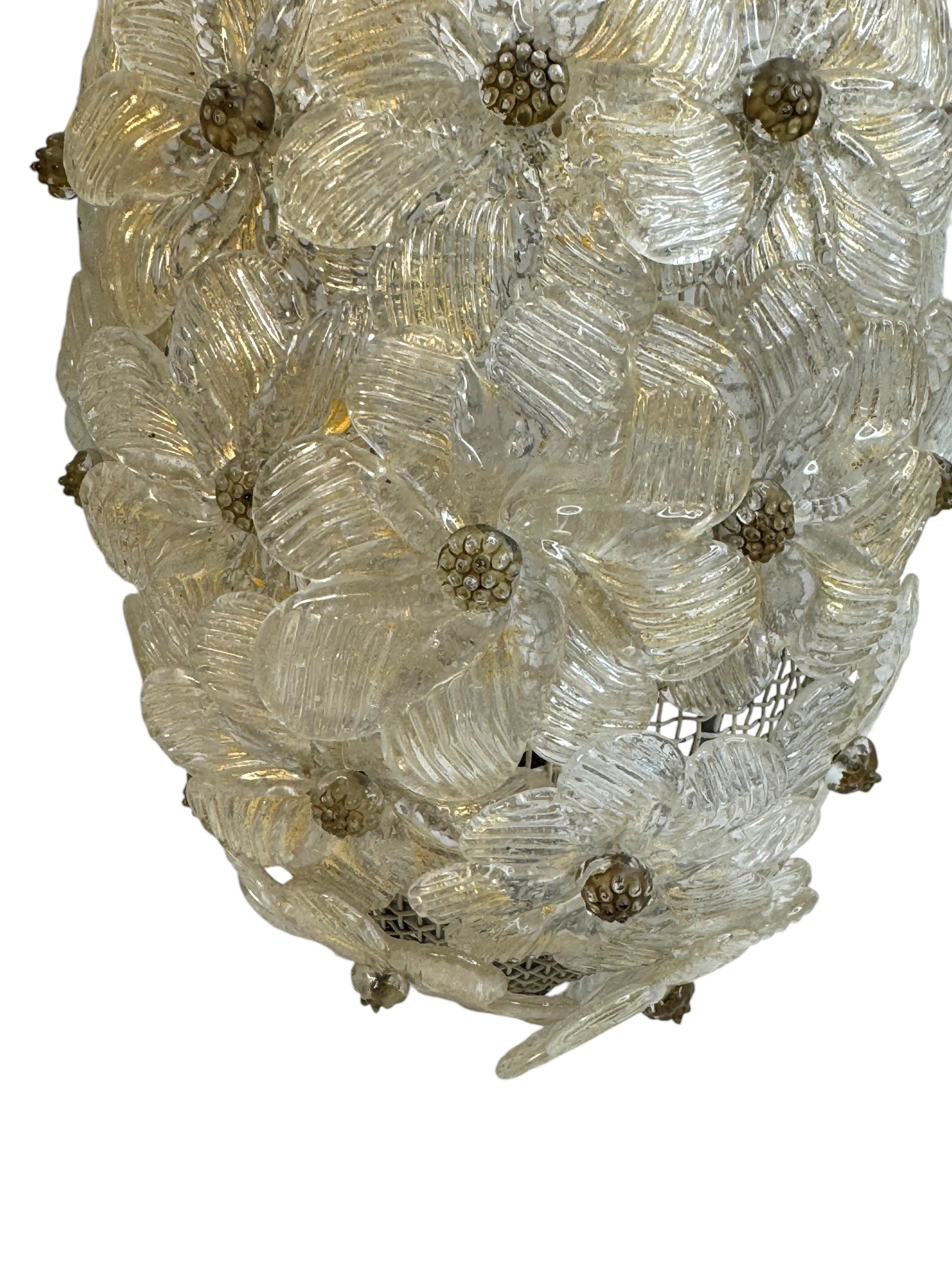 Paire d'appliques Barovier&Toso Verre de Murano or et panier de fleurs de glace, années 1950 5
