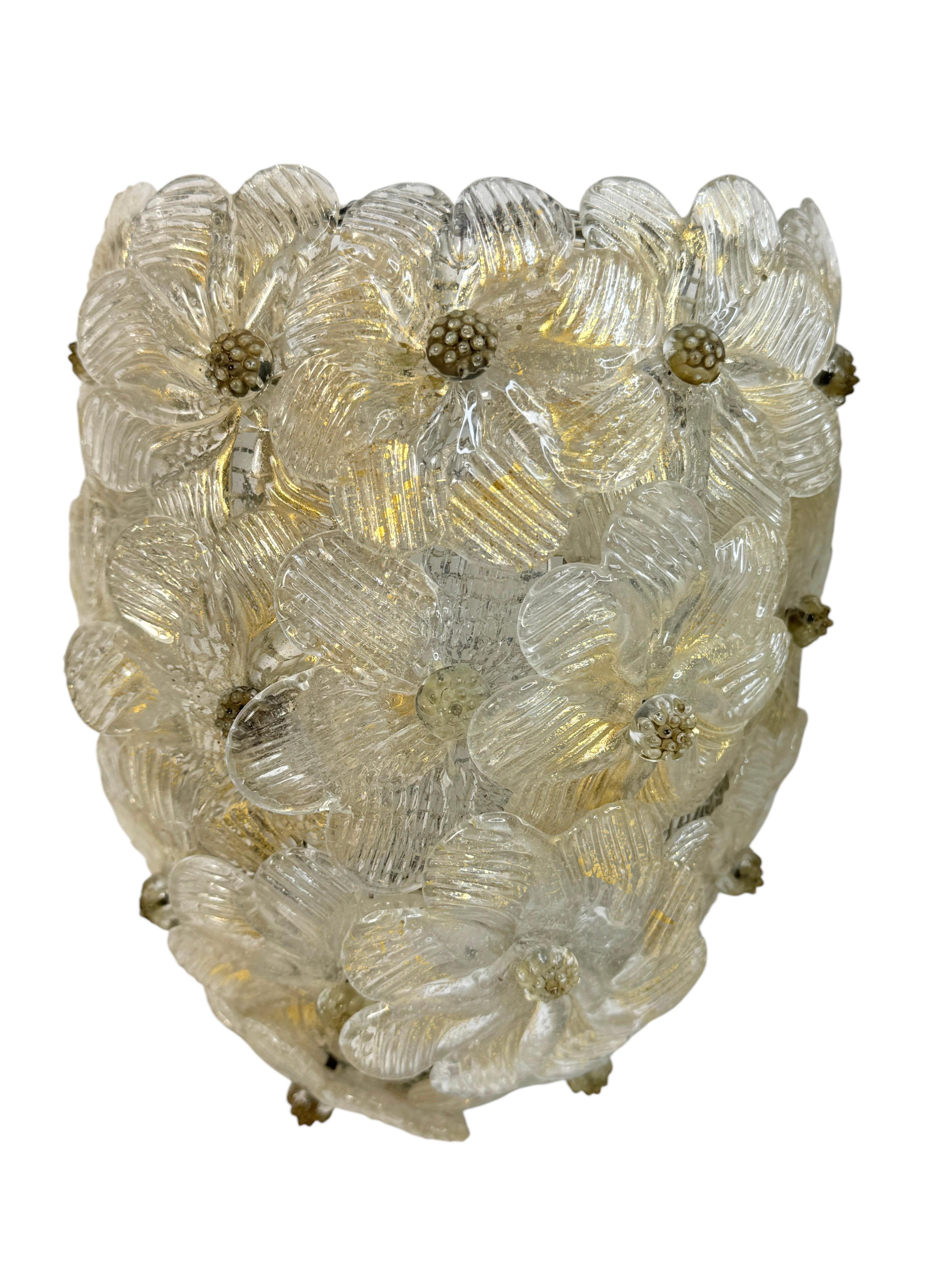 Métal Paire d'appliques Barovier&Toso Verre de Murano or et panier de fleurs de glace, années 1950