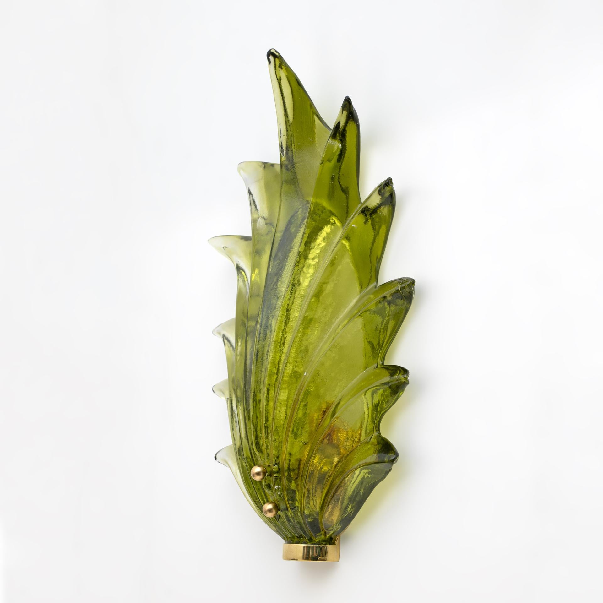 Brass Pair Barovier & Toso Style Modern Italian Murano Glass Leaf Sconces, 1980s For Sale