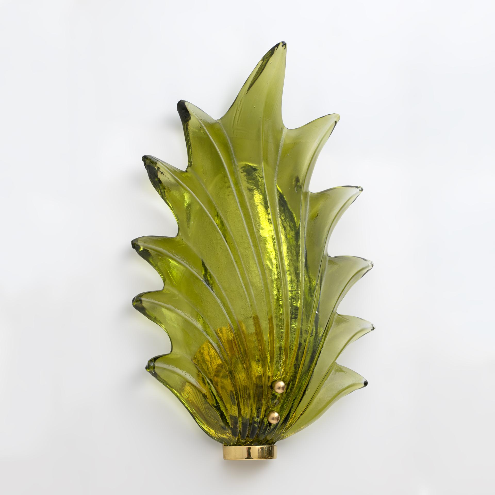 Pair Barovier & Toso Style Modern Italian Murano Glass Leaf Sconces, 1980s For Sale 1