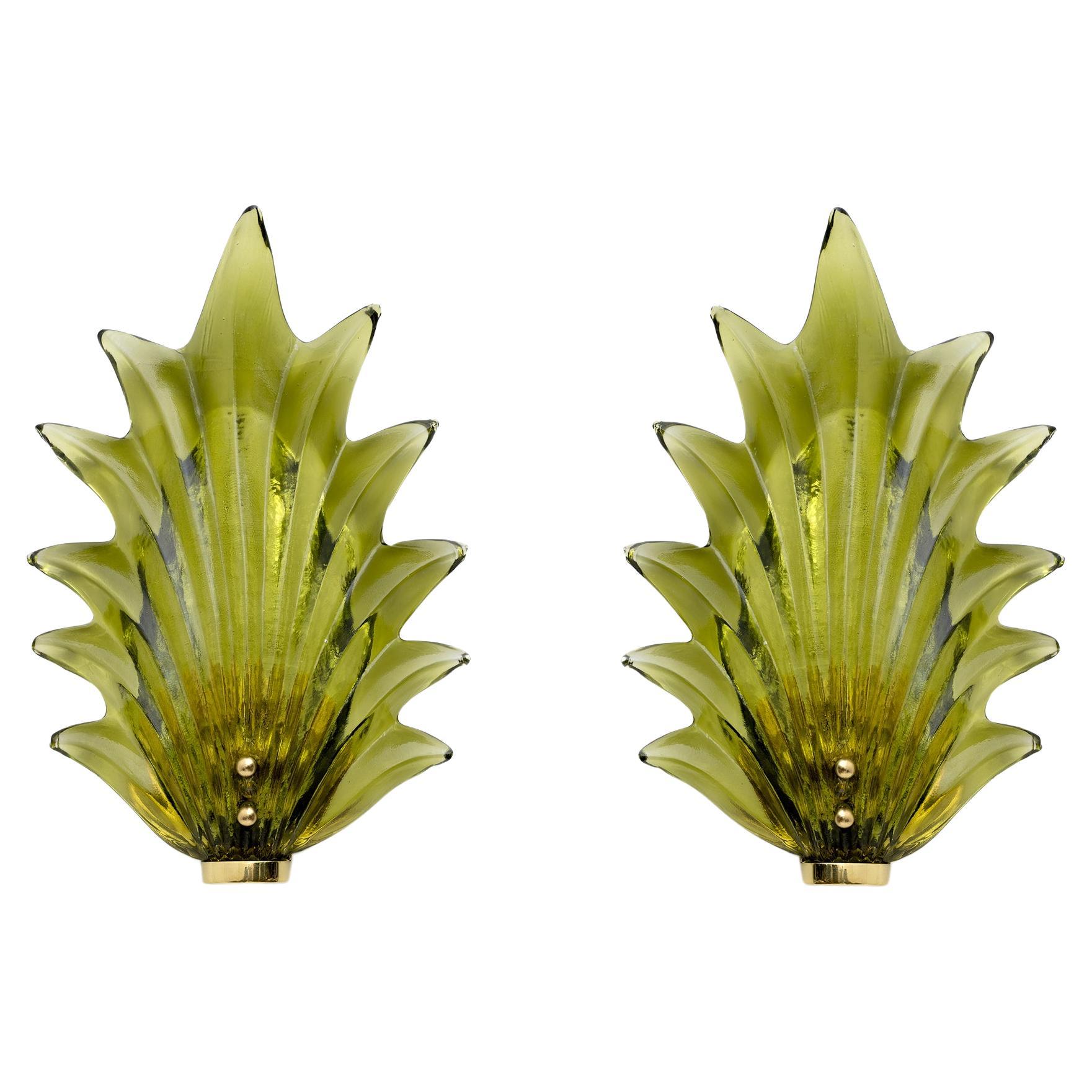 Pair Barovier & Toso Style Modern Italian Murano Glass Leaf Sconces, 1980s For Sale