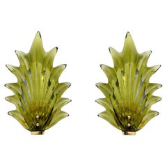 Pair Barovier & Toso Style Modern Italian Murano Glass Leaf Sconces, 1980s