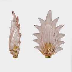 Pair Barovier & Toso Style Modern Italian Murano Glass Leaf Sconces