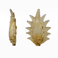 Pair Barovier & Toso Style Modern Italian Murano Glass Leaf Sconces