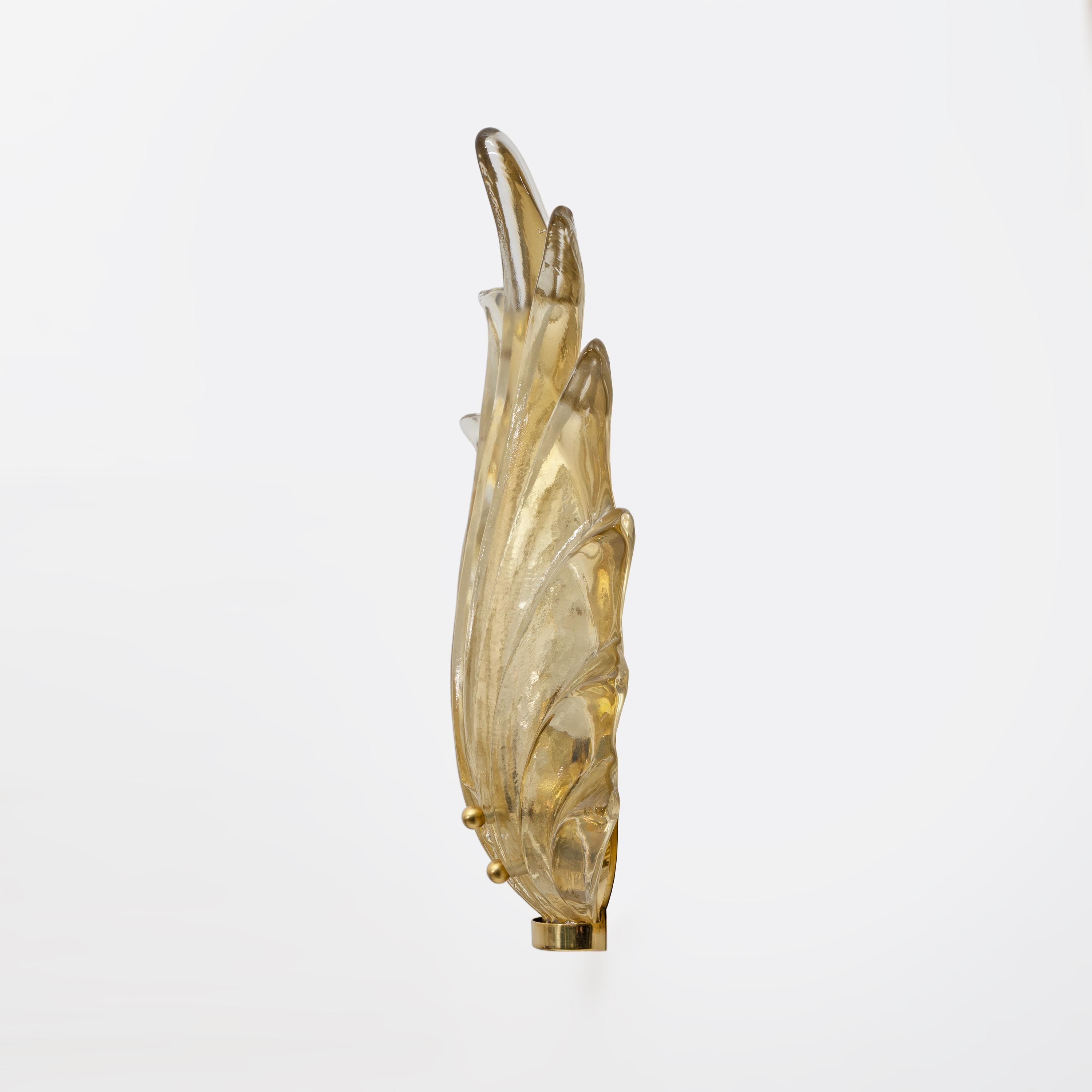 Contemporary Pair Barovier & Toso Style Modern Italian Murano Glass Leaf Sconces For Sale