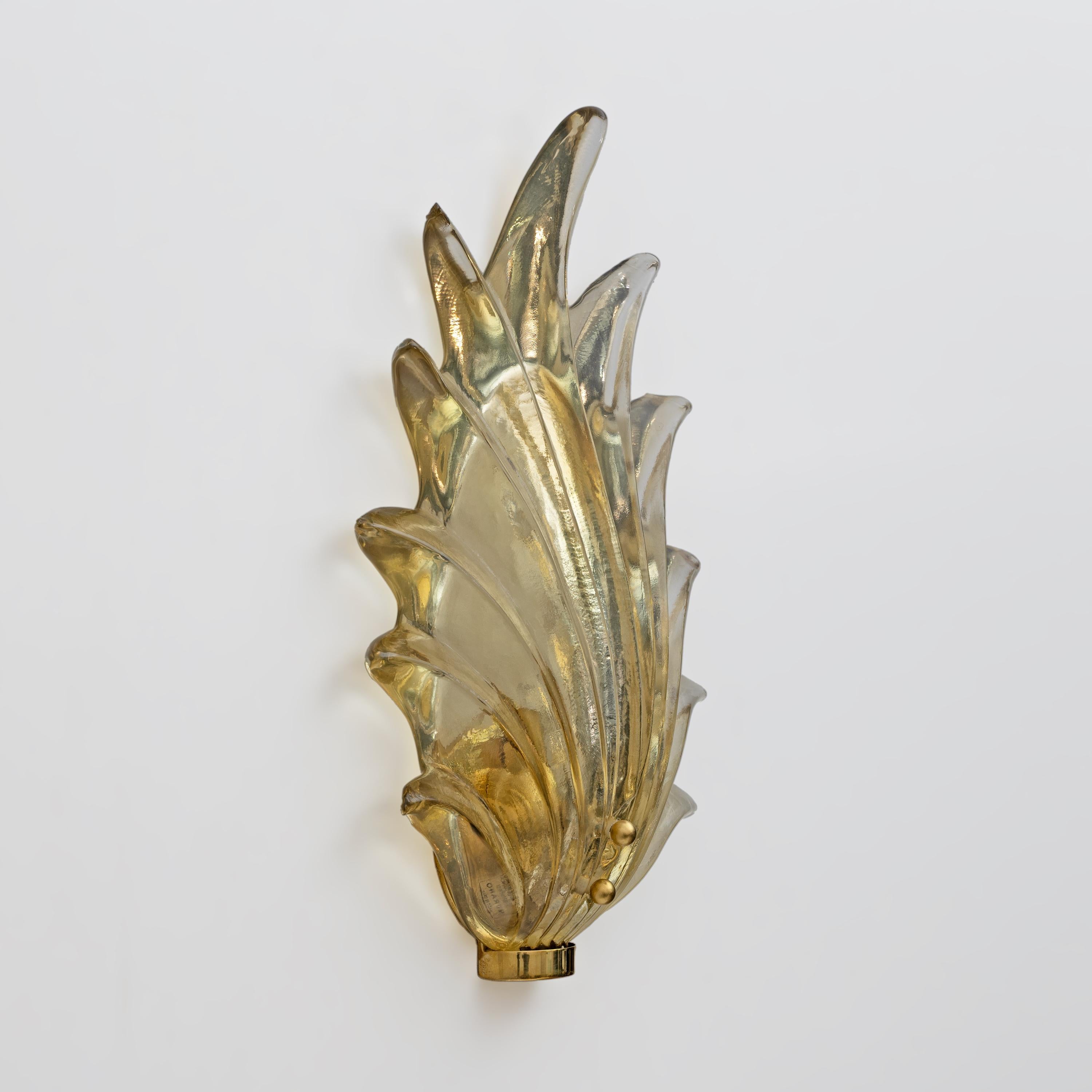 Brass Pair Barovier & Toso Style Modern Italian Murano Glass Leaf Sconces For Sale