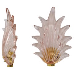 Pair Barovier & Toso Style Modern Italian Murano Glass Leaf Sconces