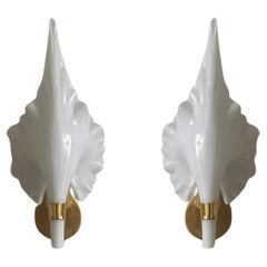 Pair Barovier 
Toso White Murano Glass Leaf Sconces Wall Lights, Italy, 1960s