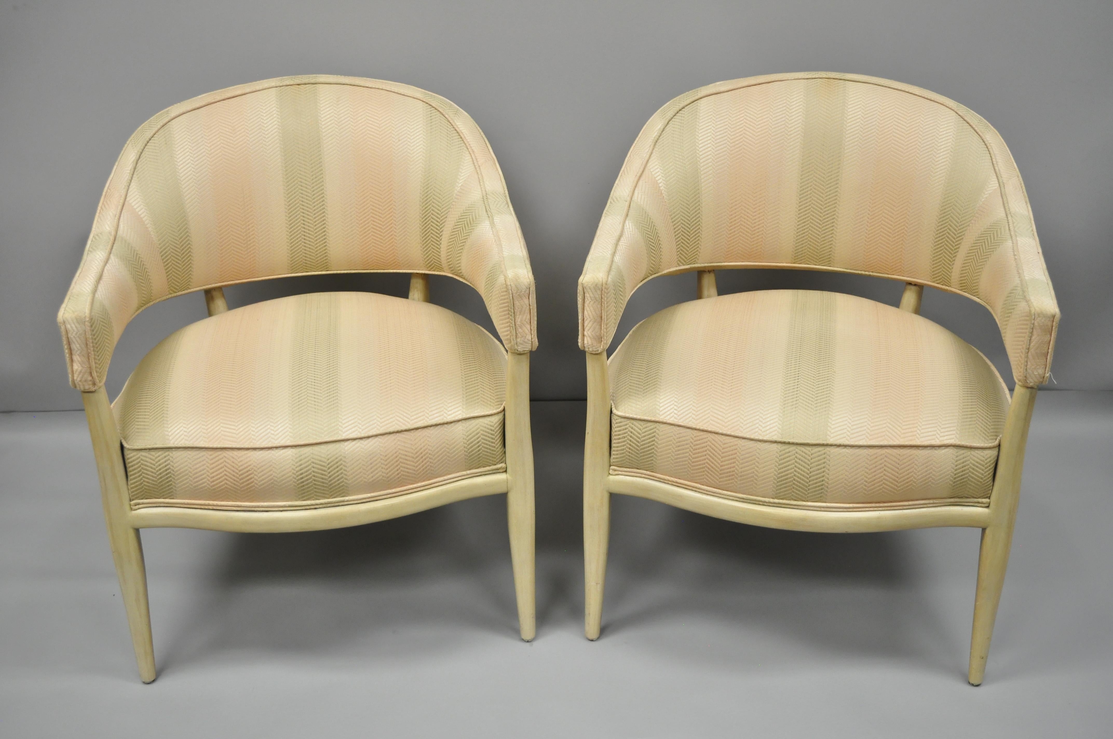 Pair Barrel Back Mahogany Frame Lounge Club Chairs after T.H. Robsjohn-Gibbings In Good Condition In Philadelphia, PA