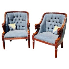 Pair Barrel Back Ram Goat Head Empire Neoclassical Style Tuffted Lounge Chairs