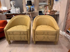Pair Barrel back tub chairs in woven silk damask