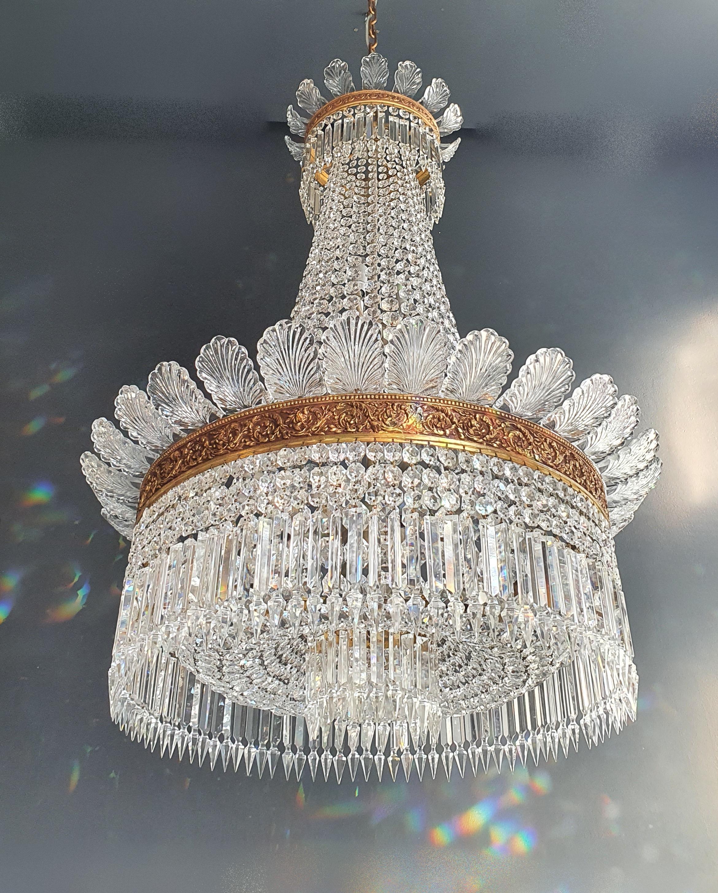 Pair Basket Chandelier Crystal Empire Brass Sac a Pearl Lustre Ceiling Antique 4