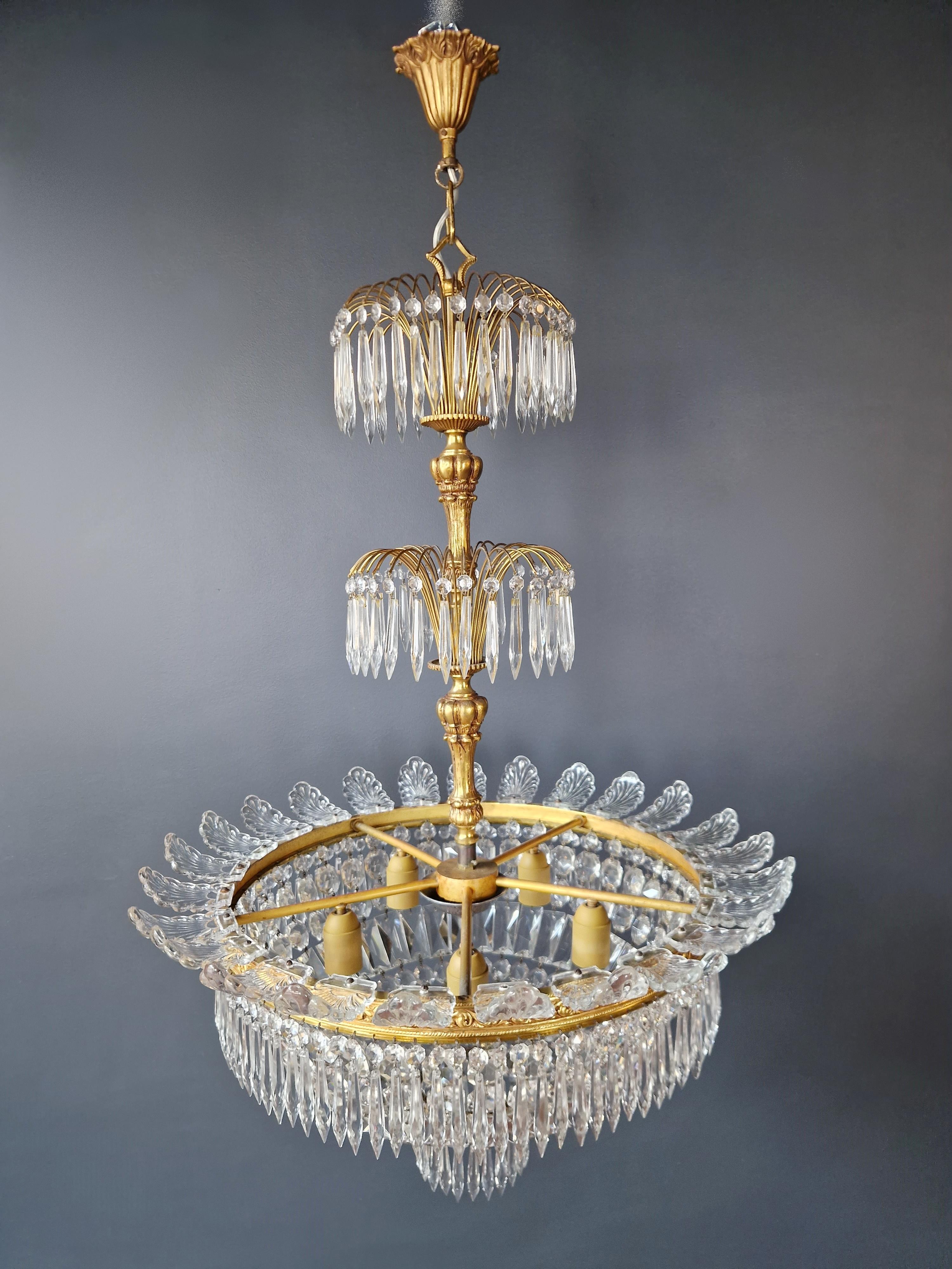 Pair Basket Chandelier Crystal Empire Brass Sac a Pearl Lustre Ceiling Antique For Sale 3